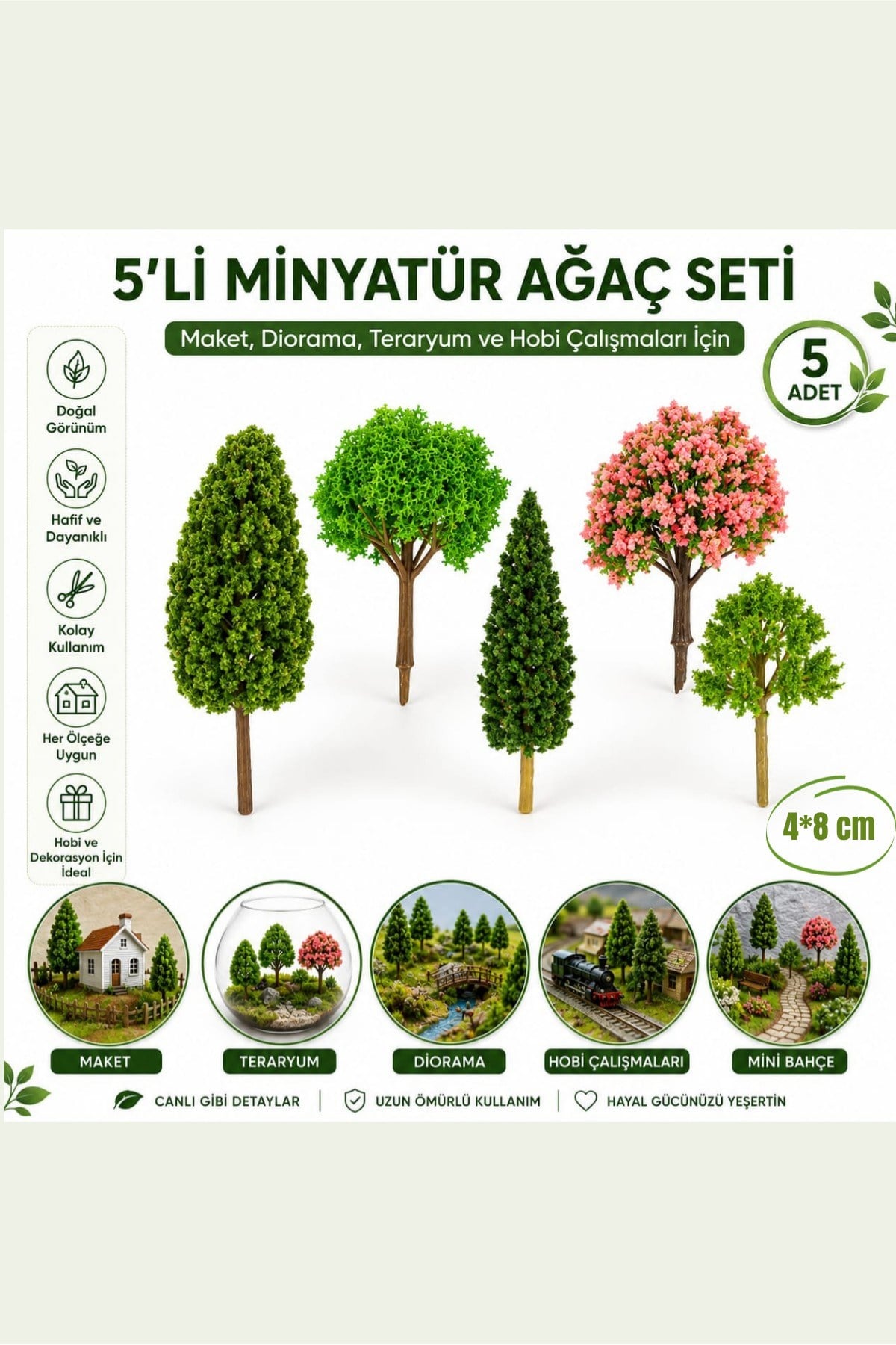 Mimari Maket Ağaç 5'li Set (4-8cm ebatlarında) Minyatür Model Ağaç