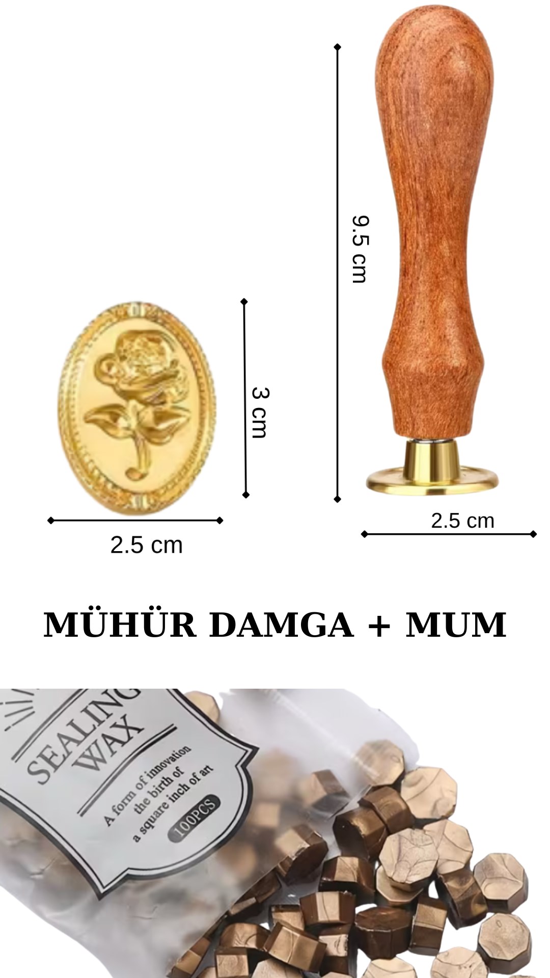 Mühür Damga Seti  (Ahşap Saplı, Pirinç) ve 100 Adet Boncuk Mühür Mumu ile