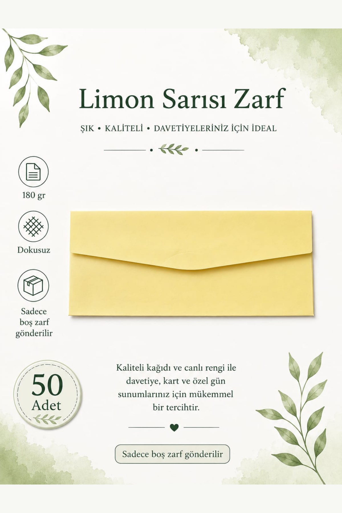Renkli Dokusuz Davetiye Zarfı 50 Adet 11*22cm 180gr (Baskısız boş Zarf) Limon Sarısı