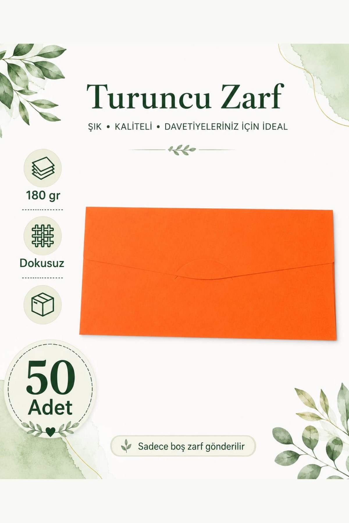 Renkli Dokusuz Davetiye Zarfı 50 Adet 11*22cm 180gr (Baskısız boş Zarf) Turuncu