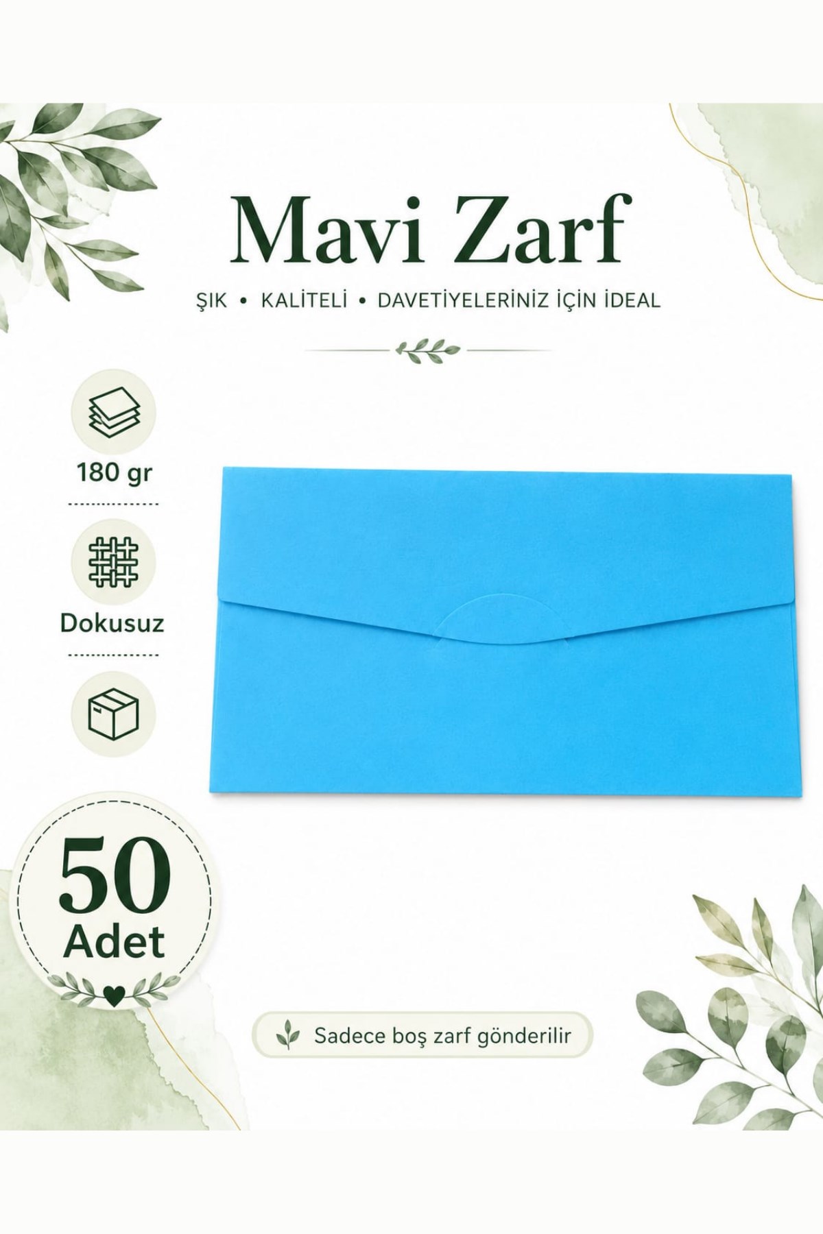 Renkli Dokusuz Davetiye Zarfı 50 Adet 11*22cm 180gr (Baskısız boş Zarf) Açık Mavi