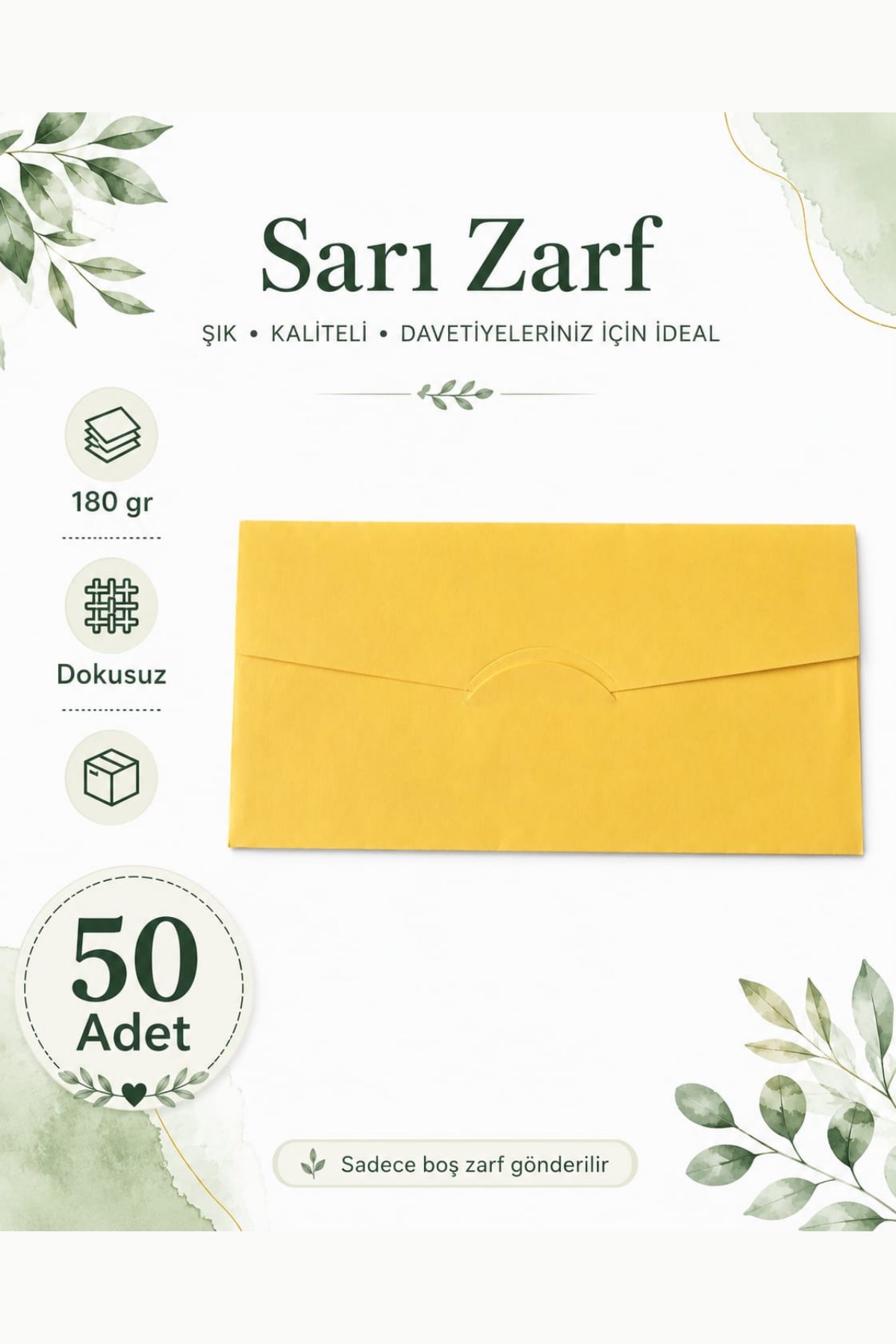 Renkli Dokusuz Davetiye Zarfı 50 Adet 11*22cm 180gr (Baskısız boş Zarf) Sarı