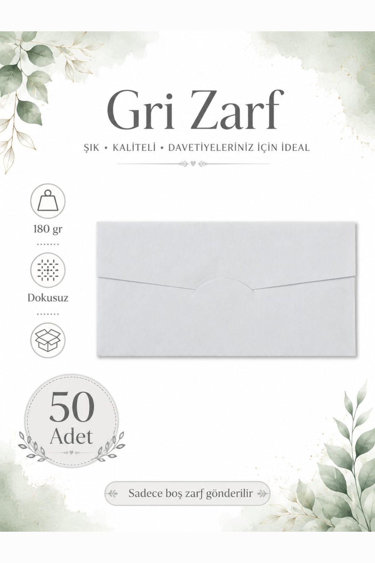 Renkli Dokusuz Davetiye Zarfı 50 Adet 11*22cm 180gr (Baskısız boş Zarf) Gri