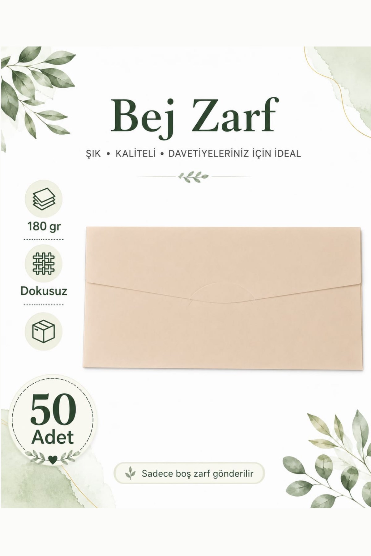 Renkli Dokusuz Davetiye Zarfı 50 Adet 11*22cm 180gr (Baskısız boş Zarf) Bej