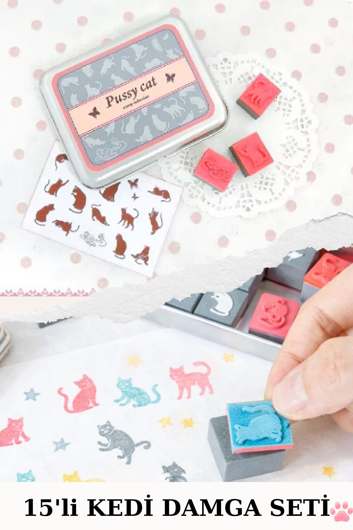 Scrapbook Kedi Damga Seti, 15 Parça+Metal Kutu+Istampa (DIY-Kendin Yap) Eva