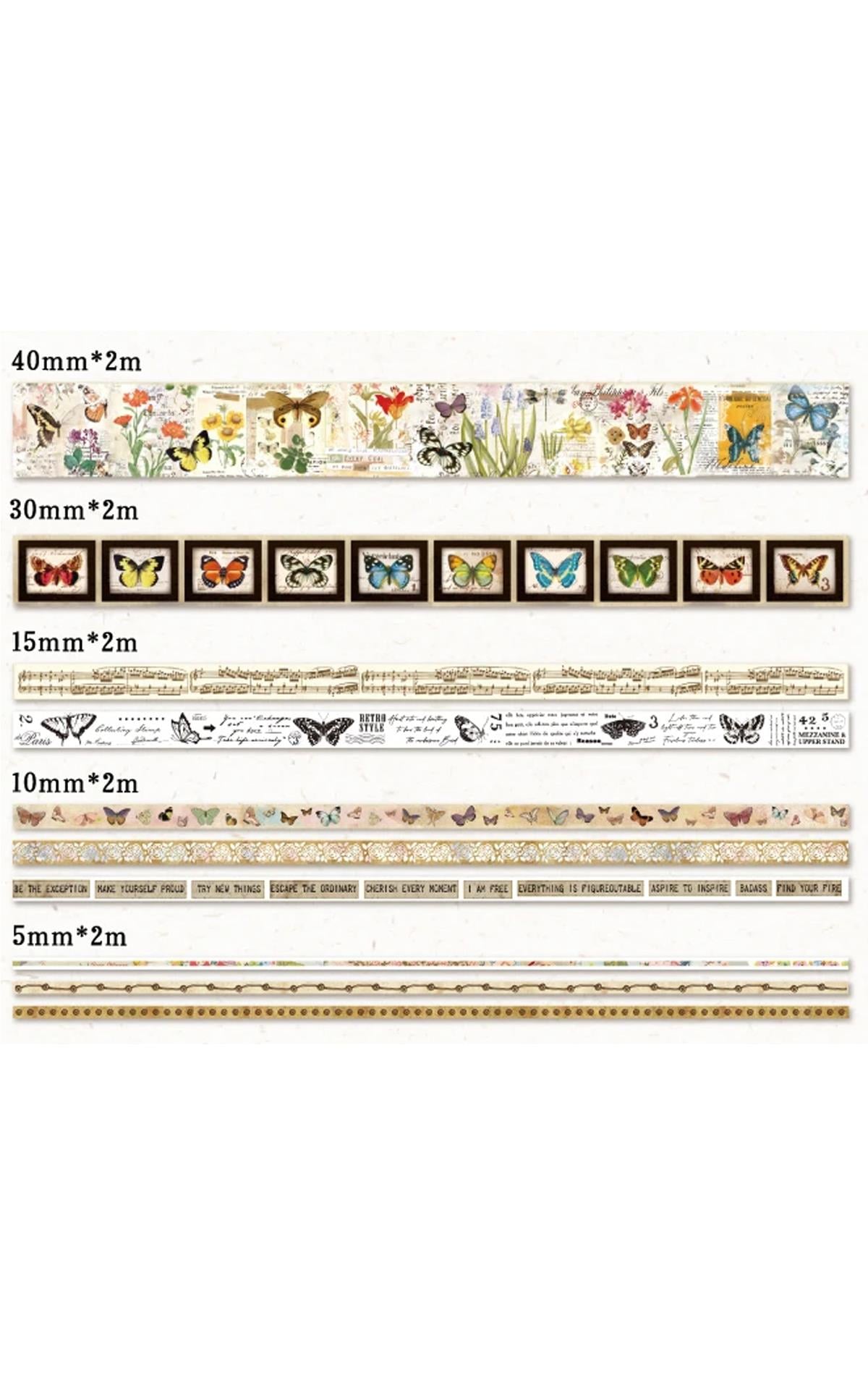 Vintage Washi Kağıt Bant / Retro BUTTERFLY Desenli Kağıt Bant 10'lu