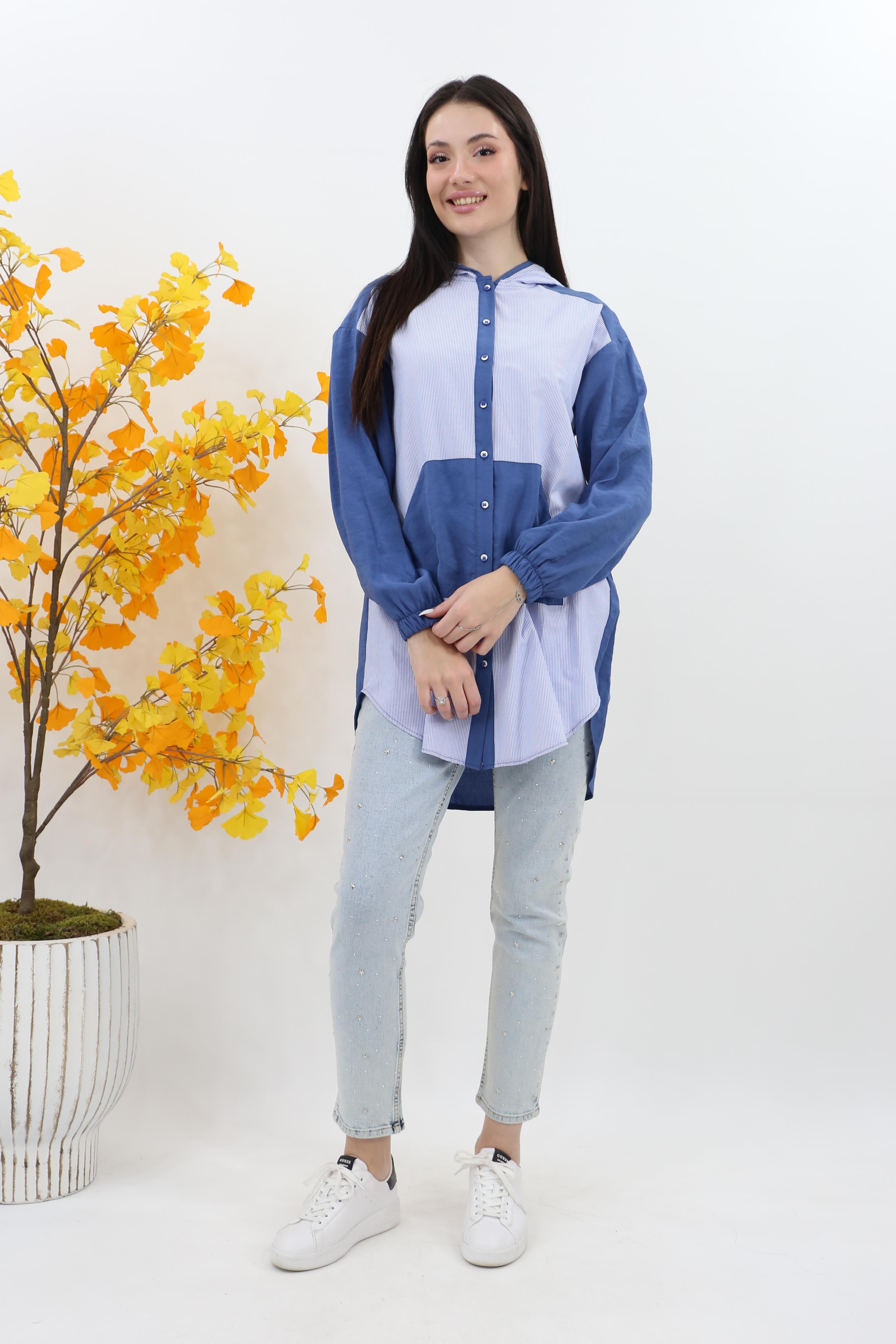 Armine  Kapüşonlu Düğme Çizgili Tunik 25yt4156 - Mavi