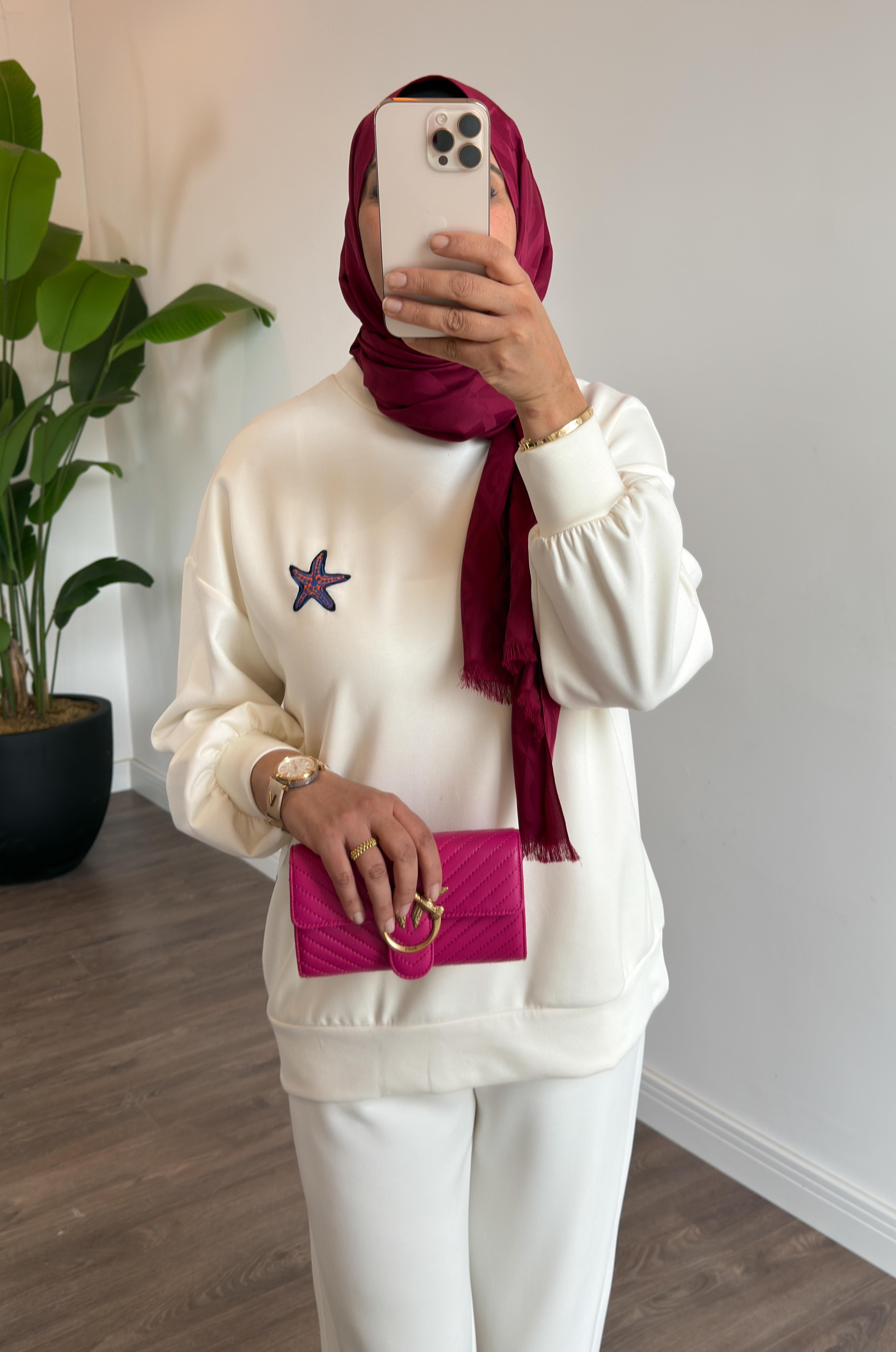 Balık Baskı Detay Oversize Sweat Tunik - Ekru