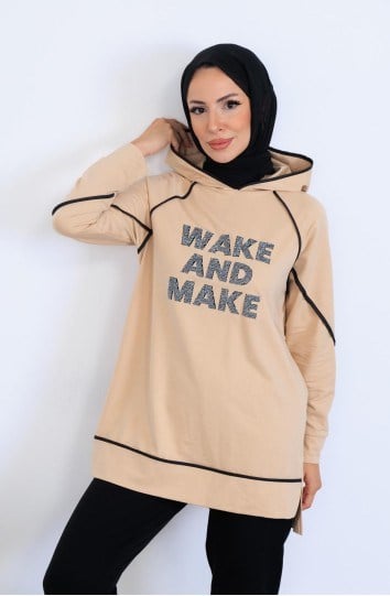 Biye Detaylı Yazılı Sweatshırt - Bej