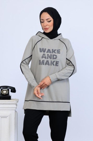 Biye Detaylı Yazılı Sweatshırt - Çağla