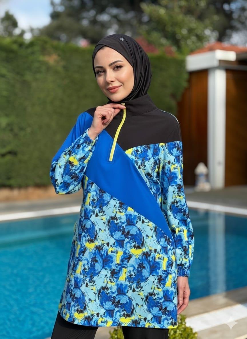 Çiçek figürlü Tesettür Mayo - Siyah