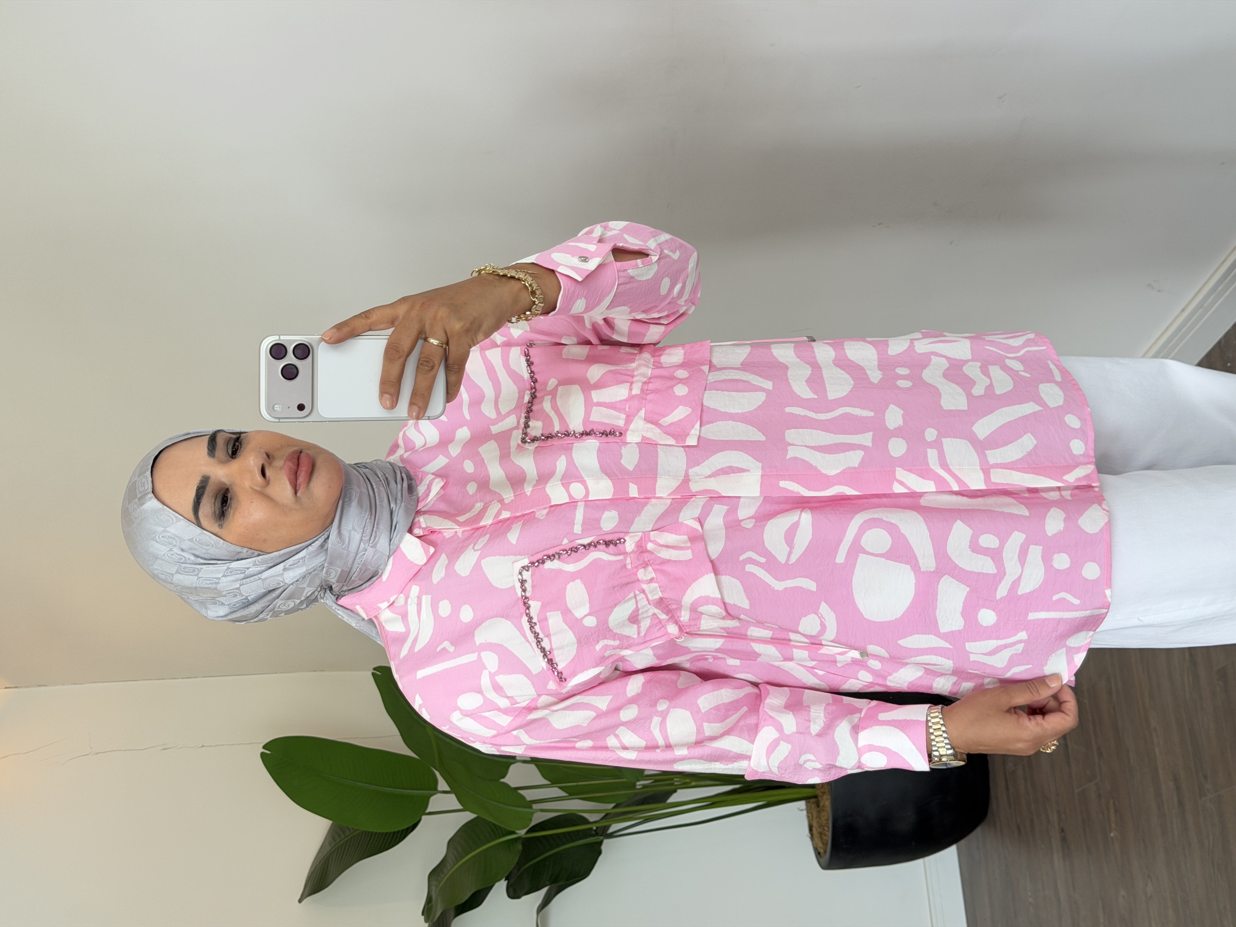 Çıtçıt Detaylı Desenli Fermuarlı Gömlek - Pembe