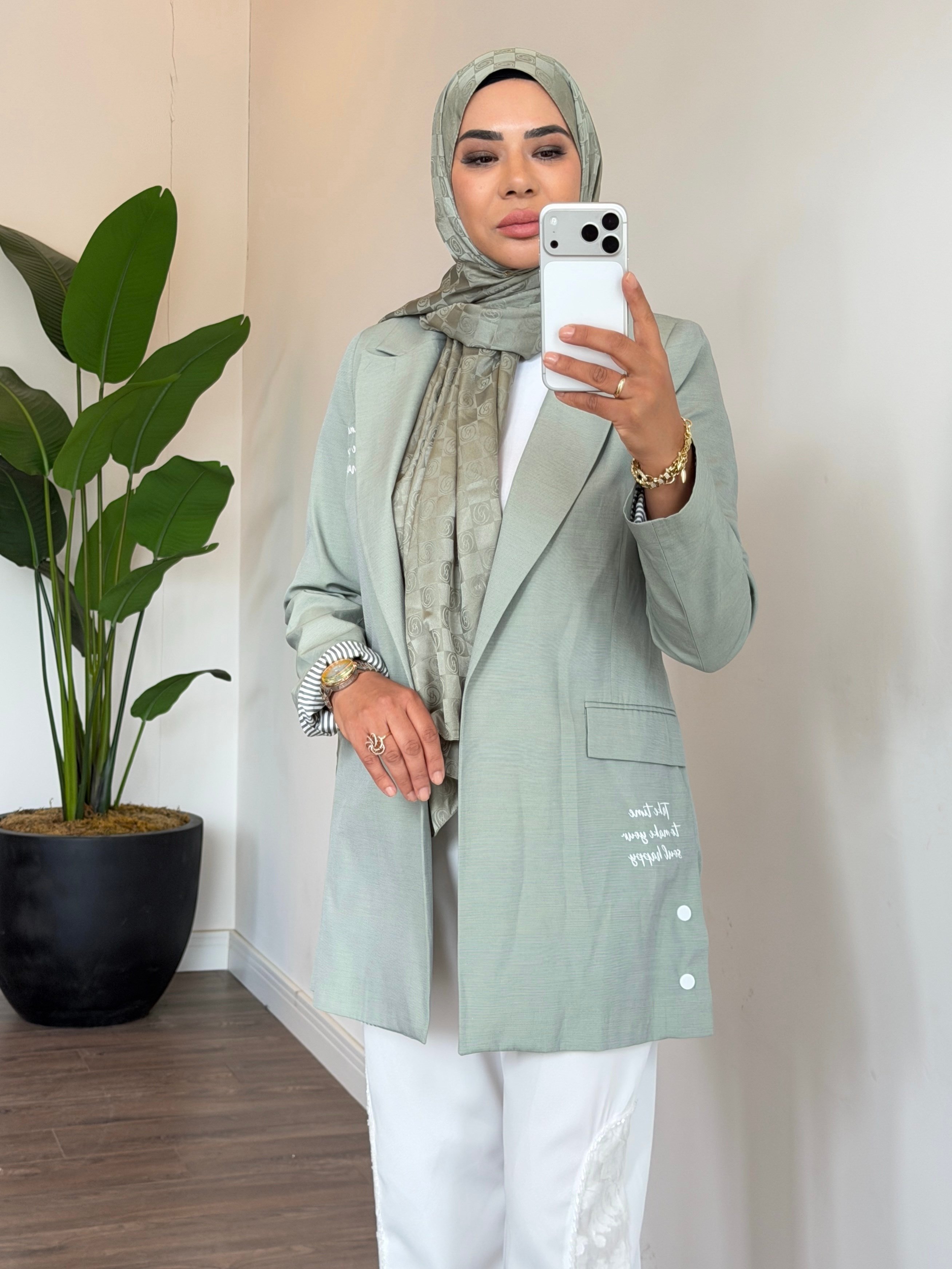 Çıtçıtlı Yazılı Casual Ceket - Yeşil