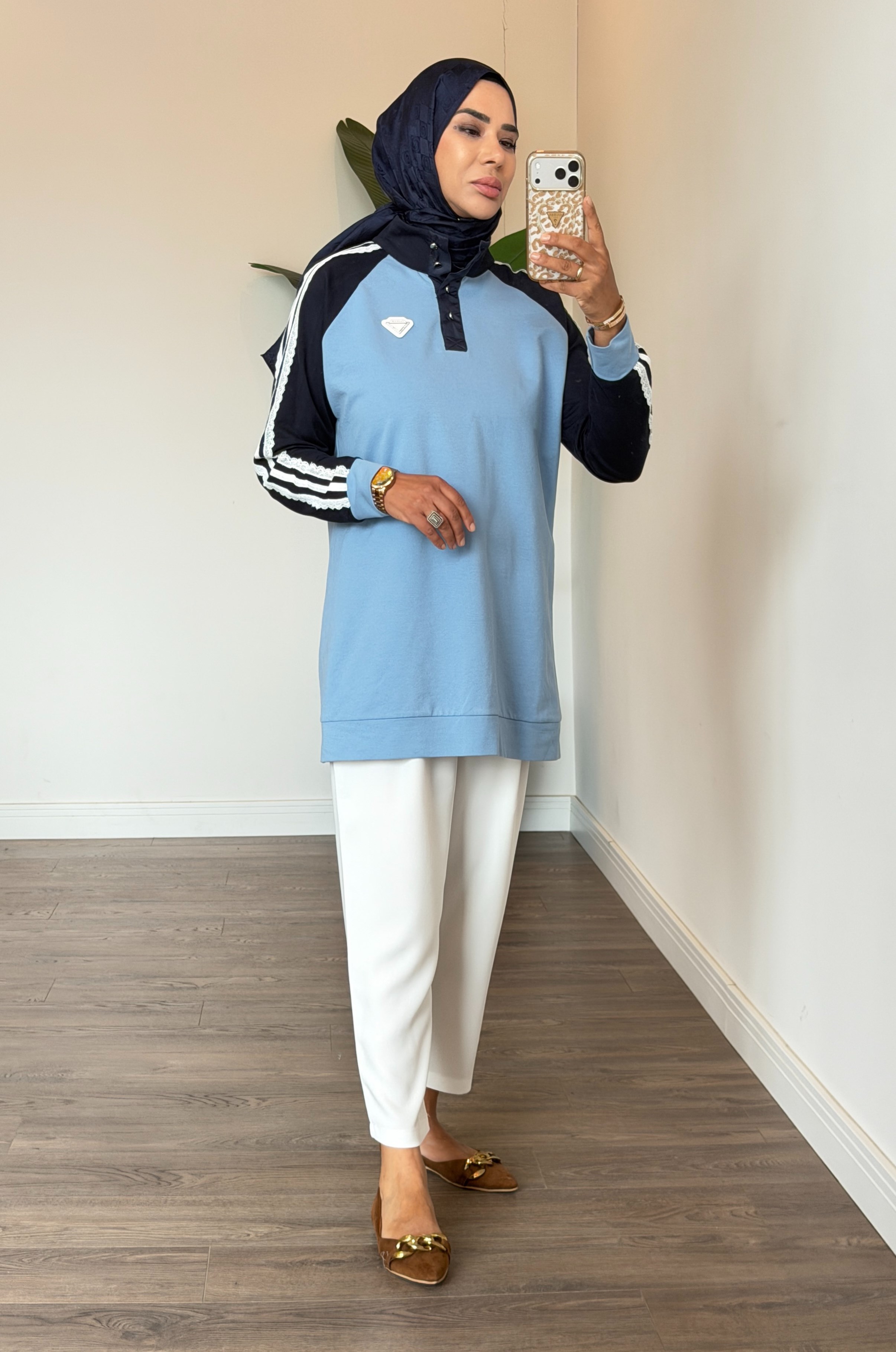 Dantel Detaylı Armalı Tunik - Mavi