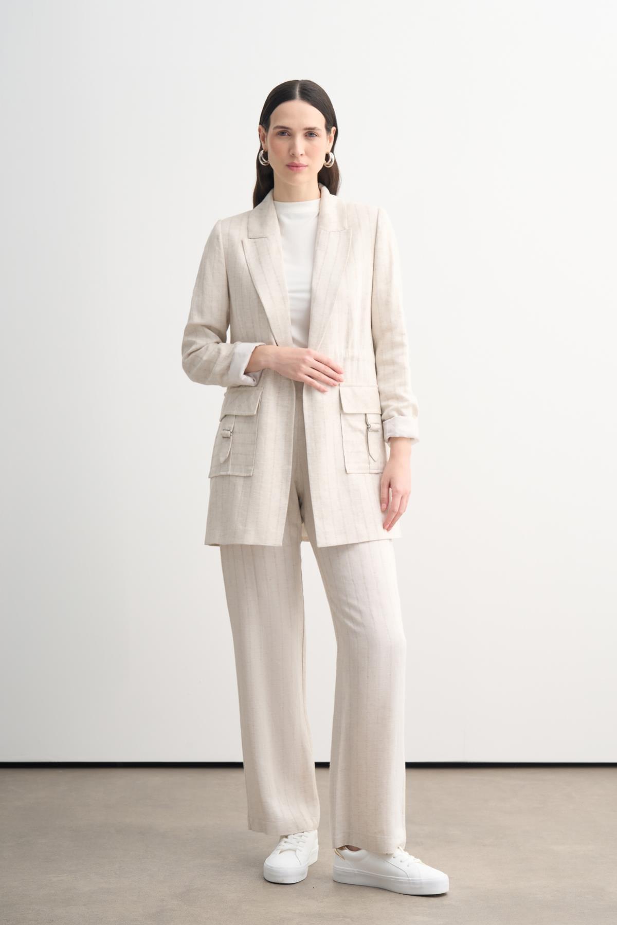 Keten Çizgili Blazer Ceketli Takım - Bej