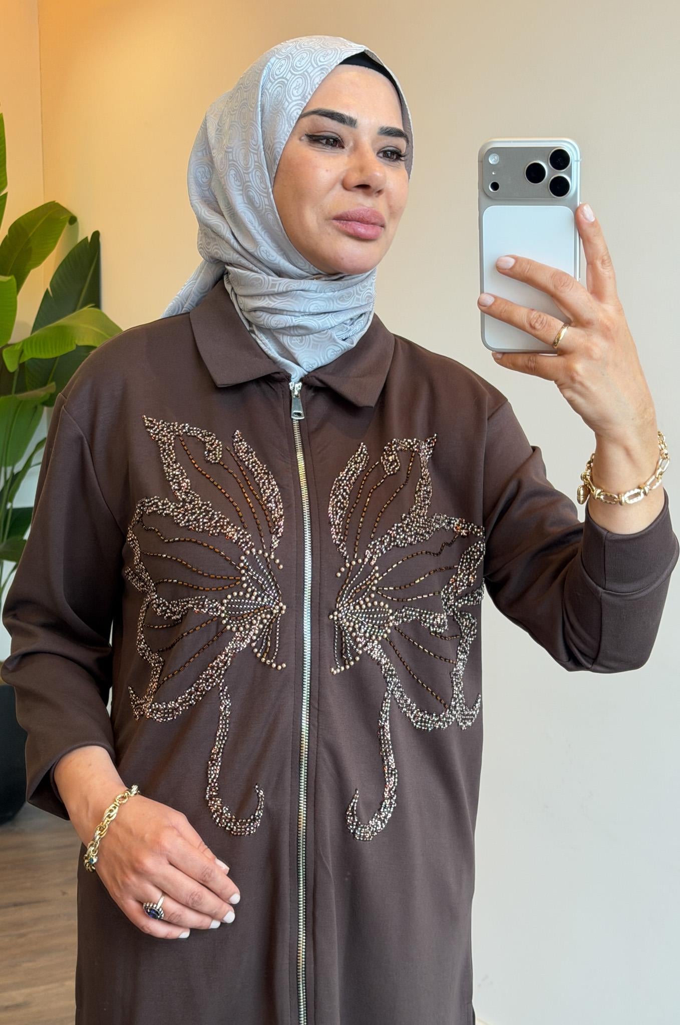 Nefise Baskılı Fermuarlı Gömlek Yaka Ceket Tunik - Kahve