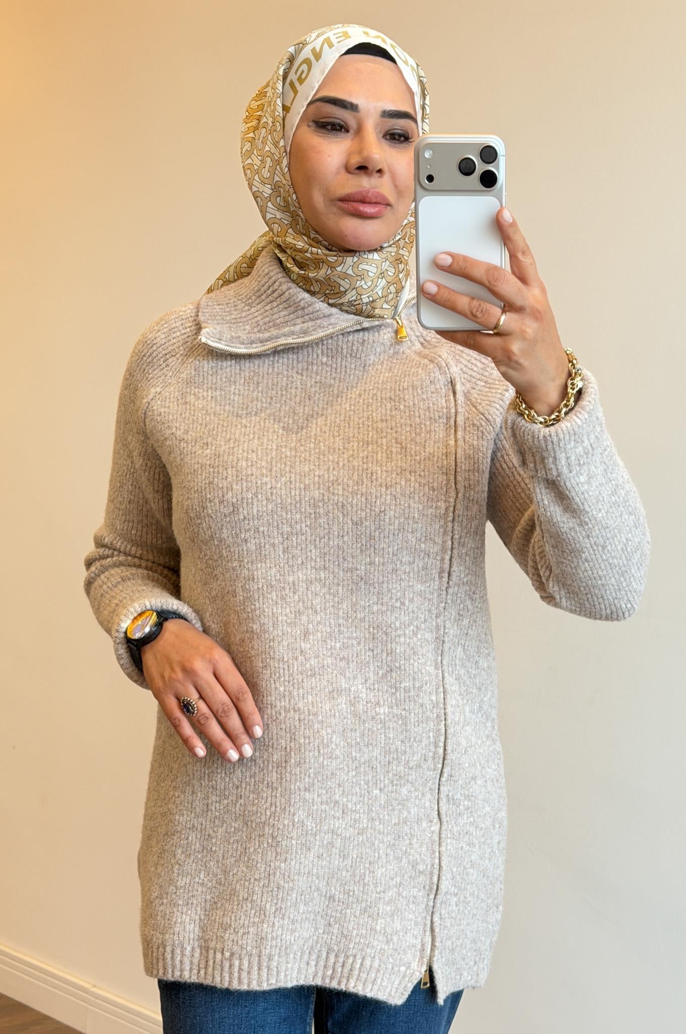 Oslo Yan Fermuarlı Tunik - Açık Bej