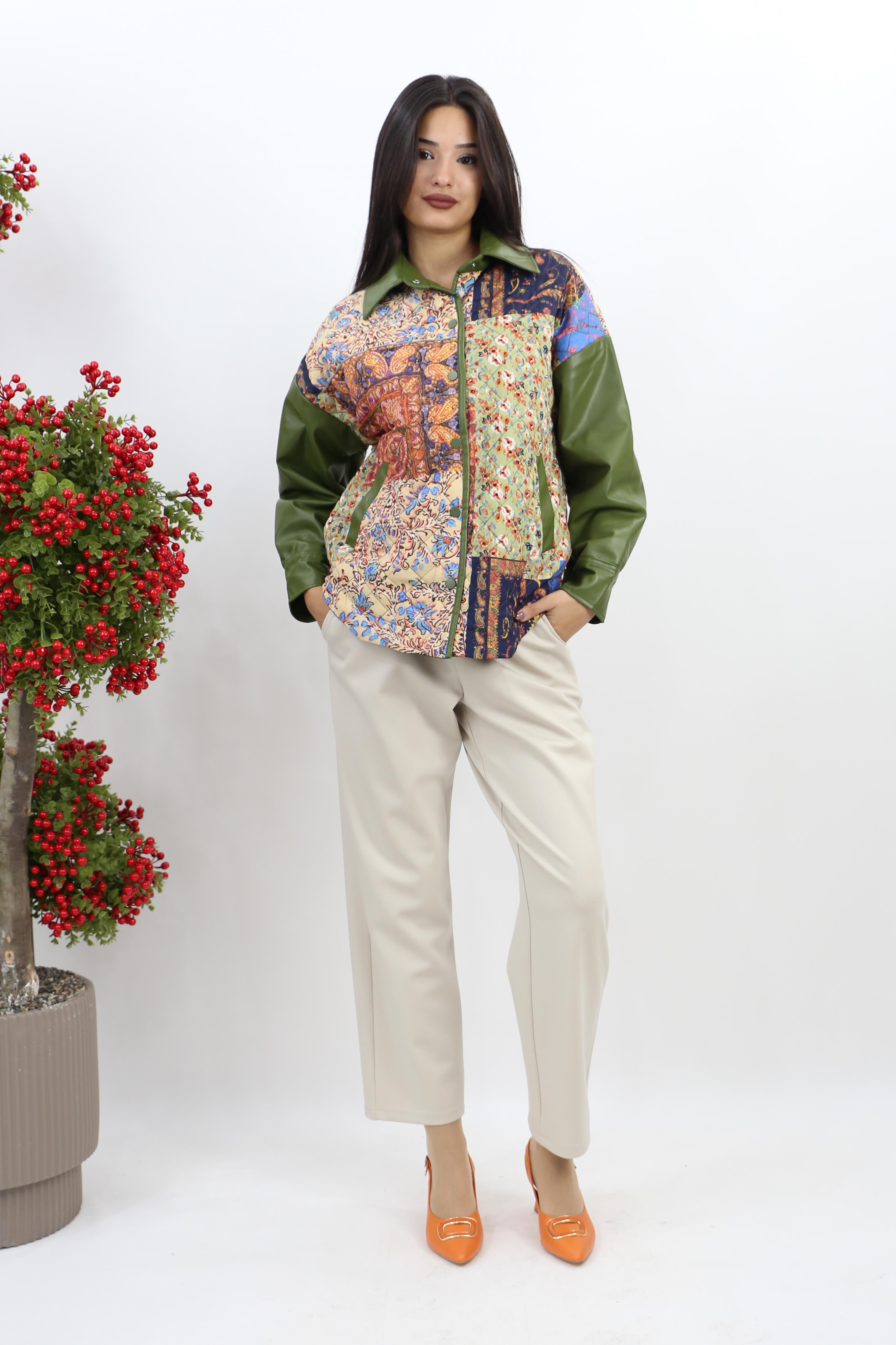 Patchwork Desenli Ceket - Y.Yeşili