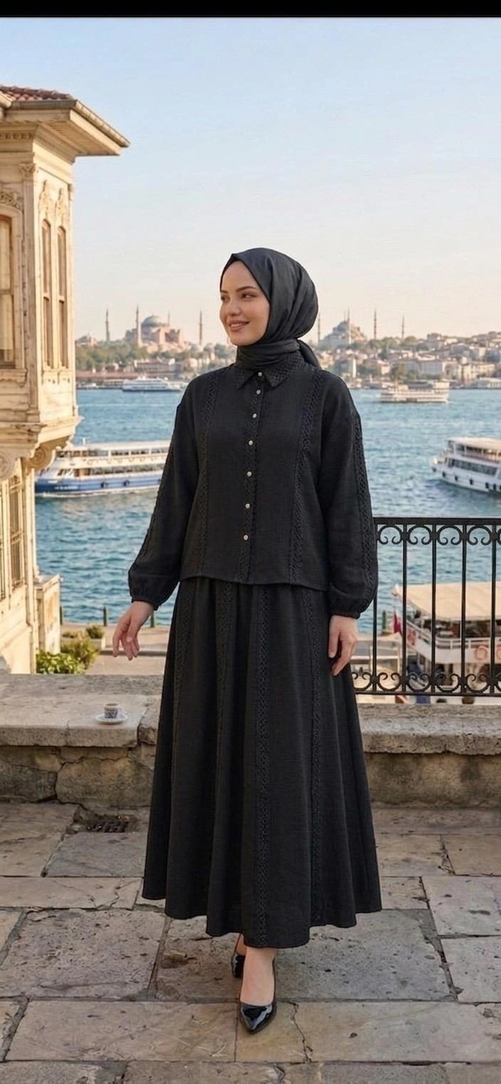 Şerit Detaylı Etekli Keten Takım - Siyah