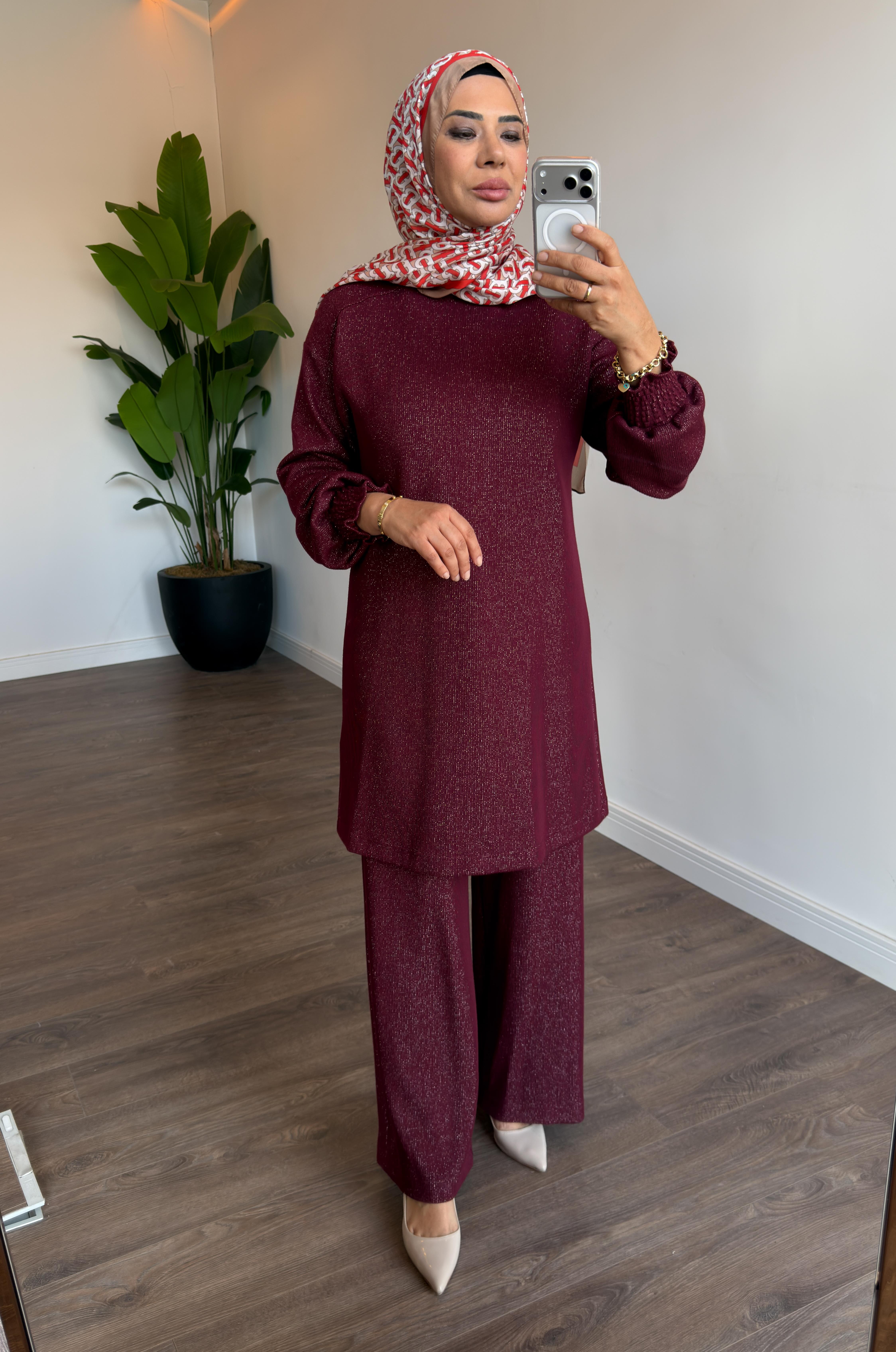 Simli Frfır Detaylı Pantolonlu İkili Takım - Bordo