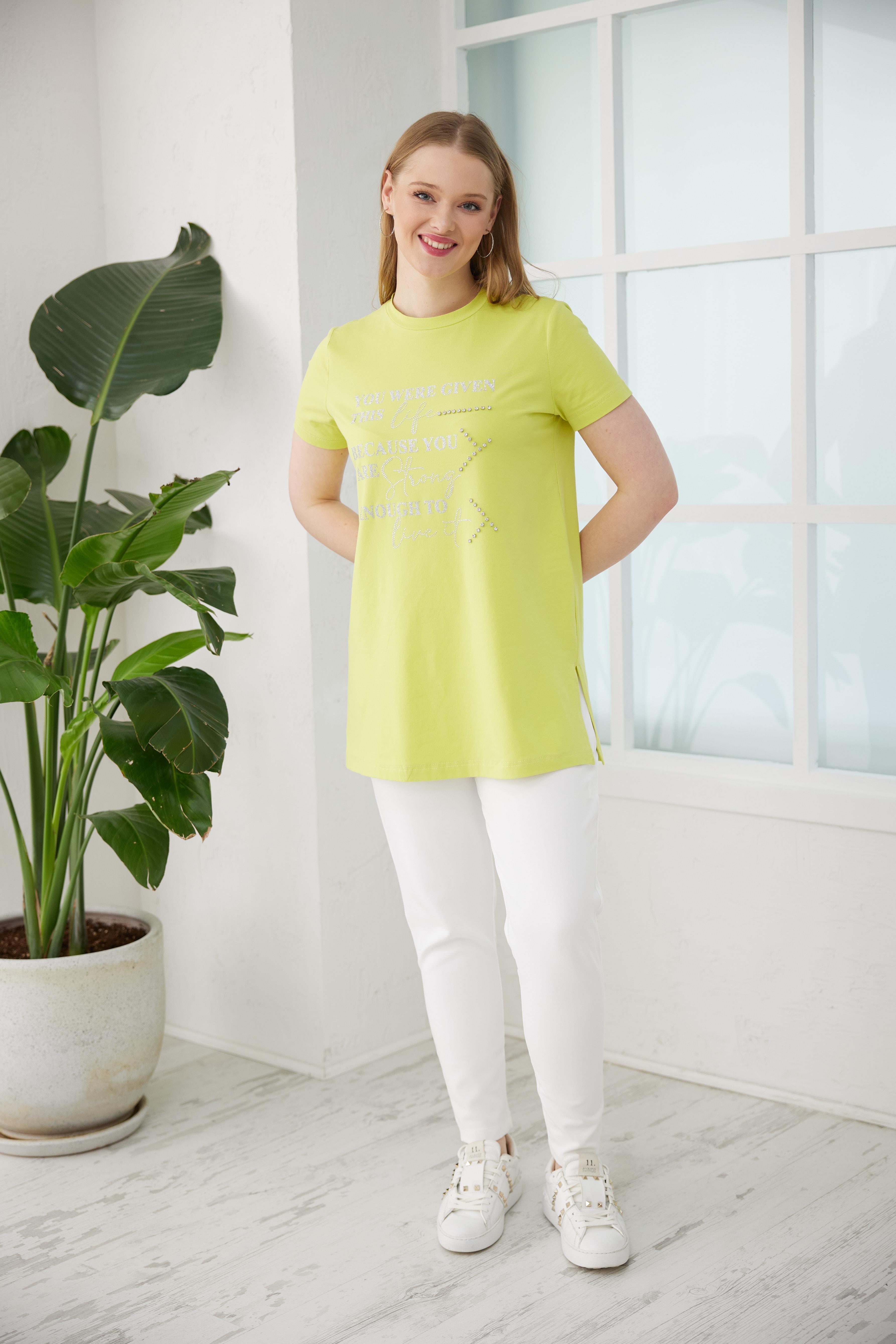 Simli Taş İşlemeli Yazılı T-Shirt - Lime