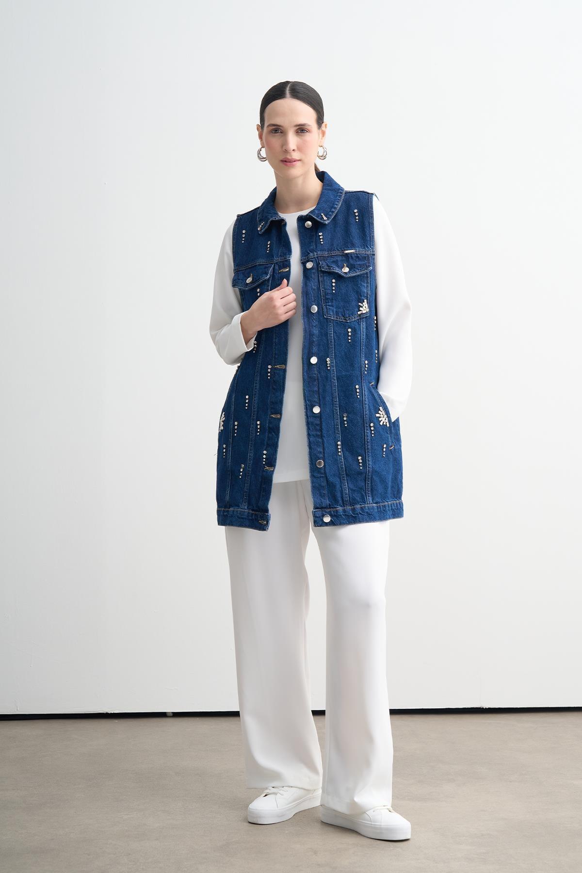 Taş Detaylı Denim Yelek - Lacivert