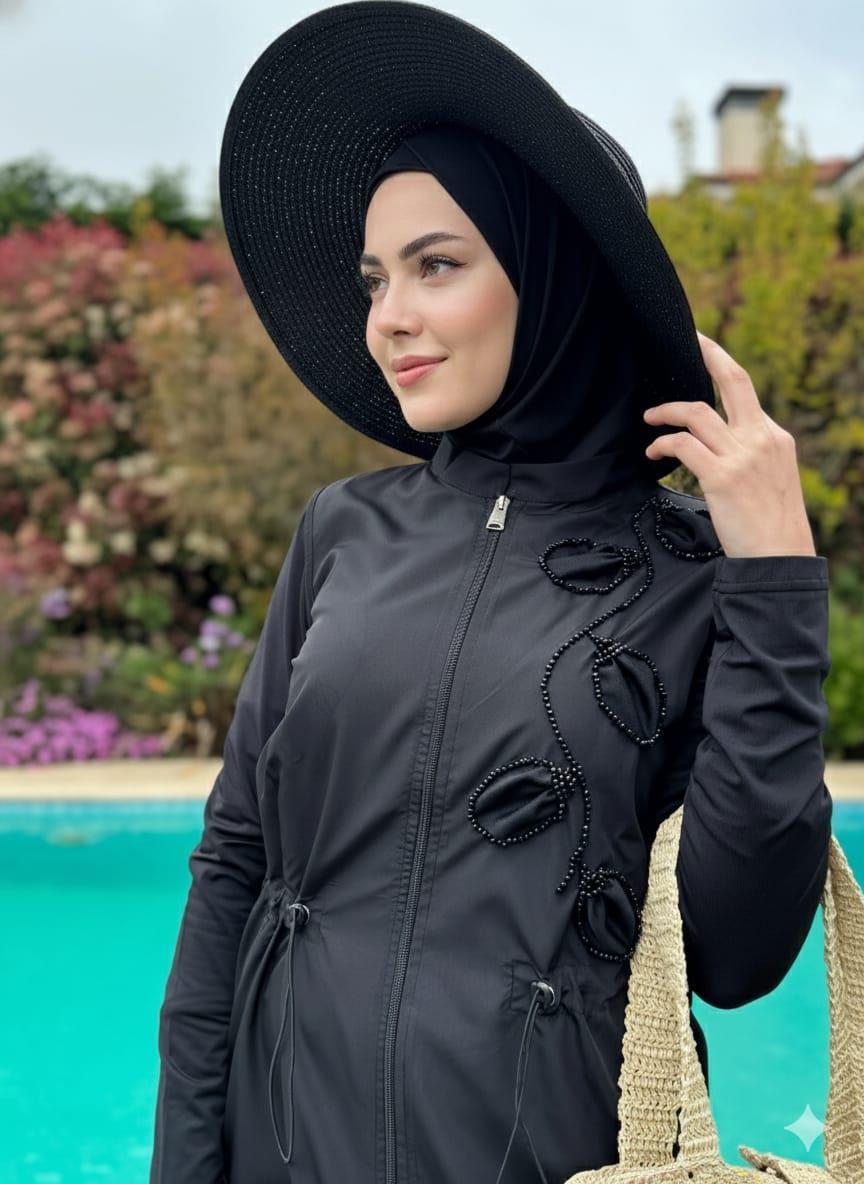Taş İşlemeli Tesettür Mayo - Siyah
