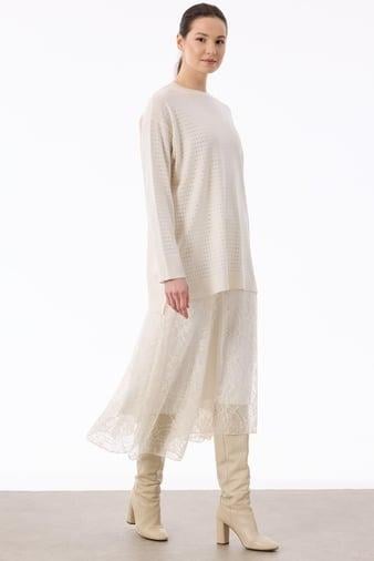 Tığ Triko Taş Baskılı Rayon Tunik 21717 - VANİLYA