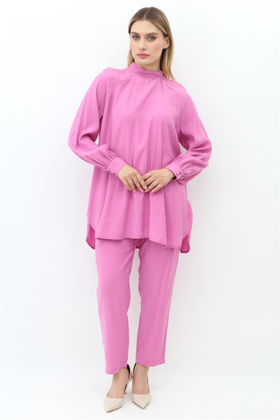 Yaqa Rayon Aruba Pantolonlu Takım - Pembe