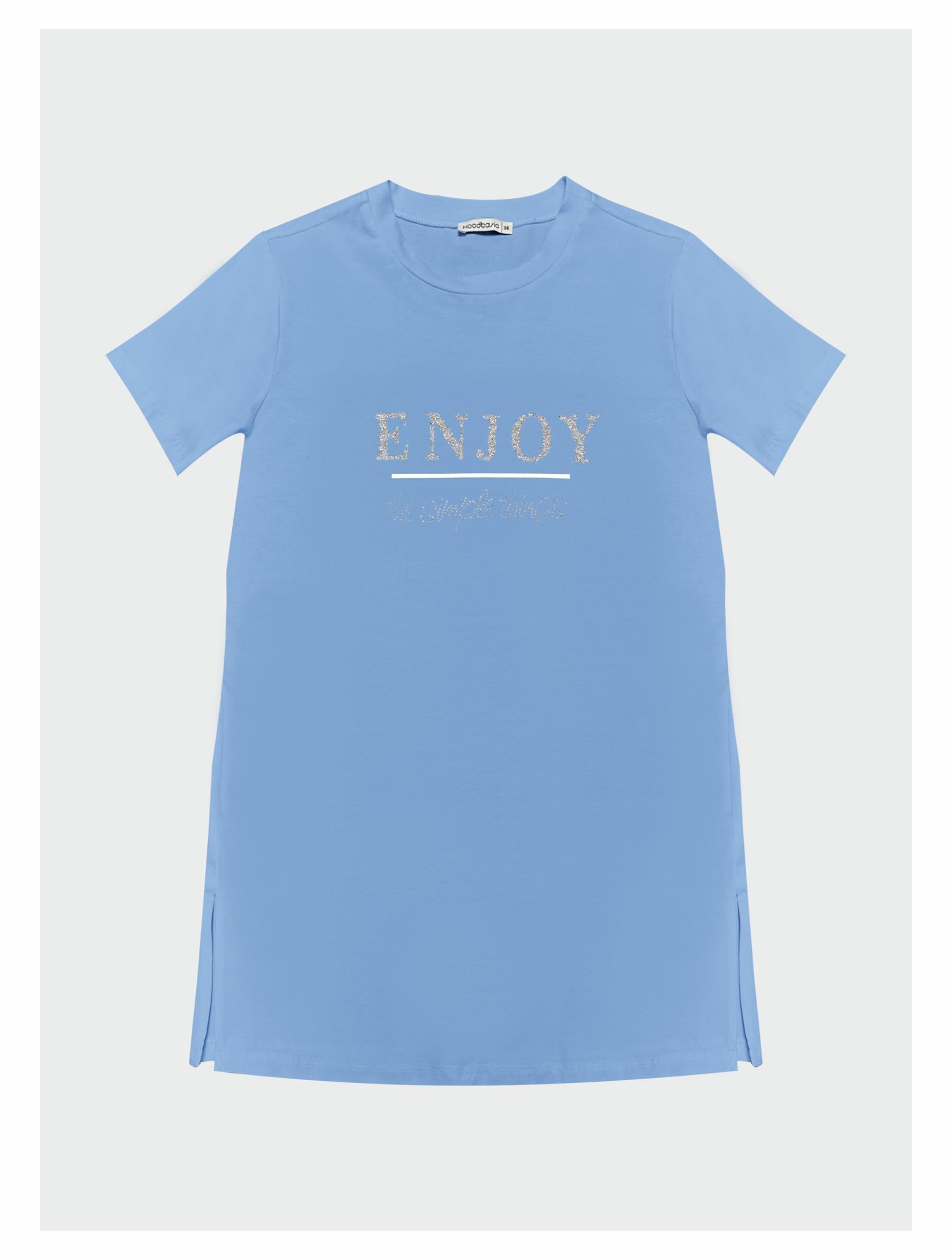 Yazılı Taşlı Baskılı T-Shirt - Mavi