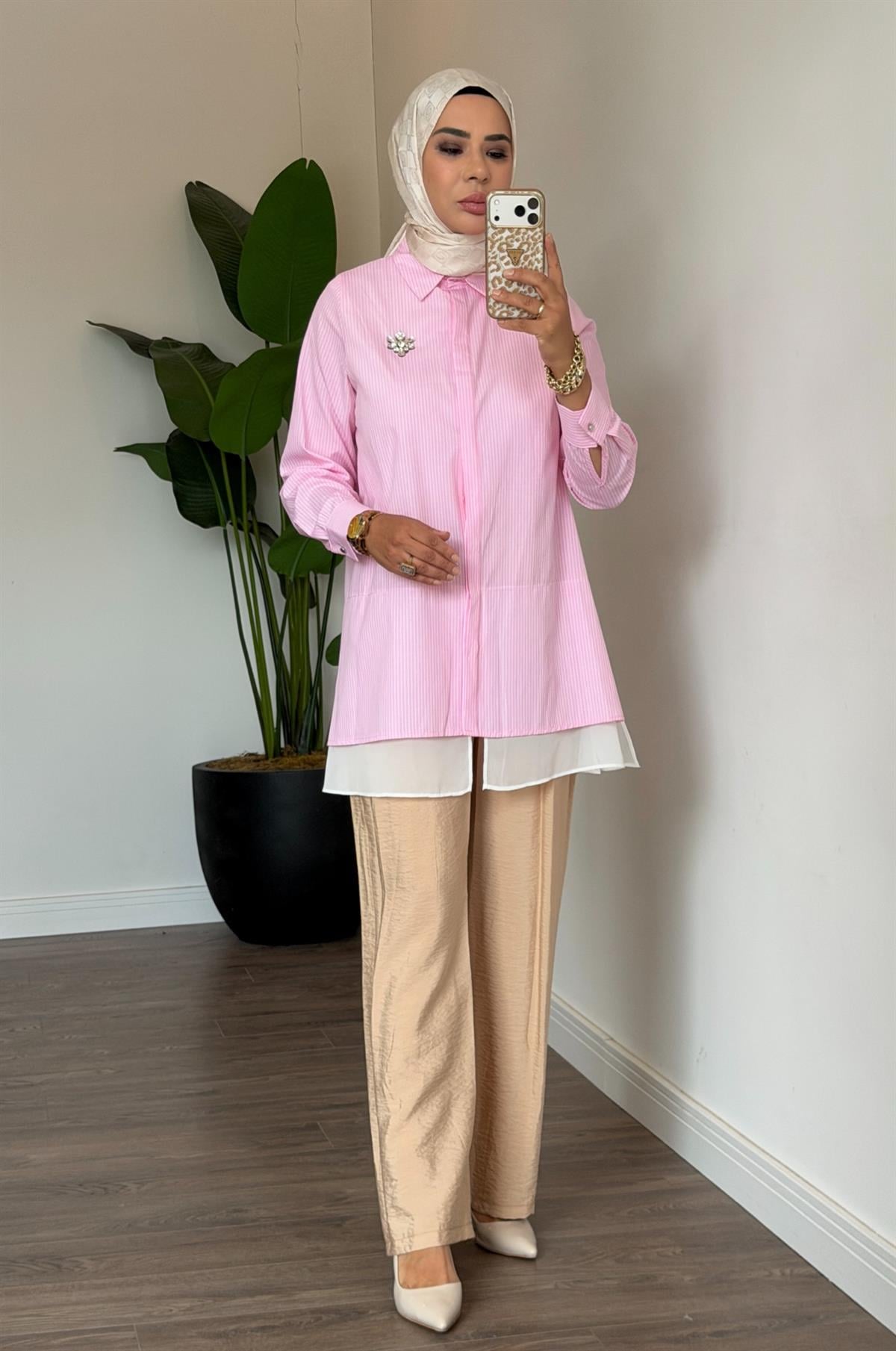 Aksesuar Detaylı Çizgili Gömlek - Pembe