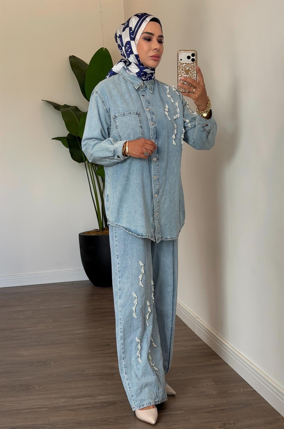 İncili Denim Takım - Açık Mavi