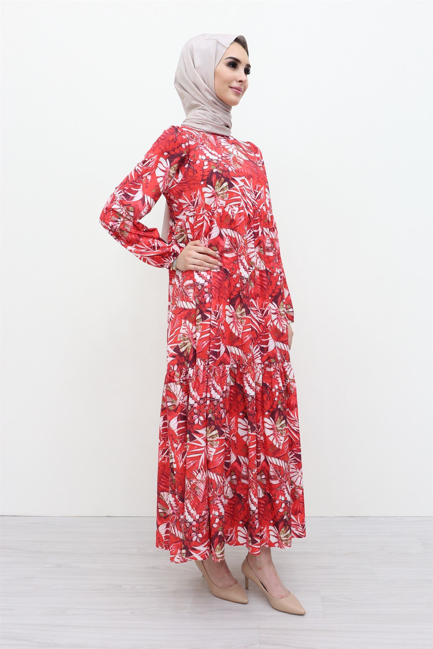 Armine Yaprak Desenli Elbise - Kırmızı Online Sipariş I MAHHAR