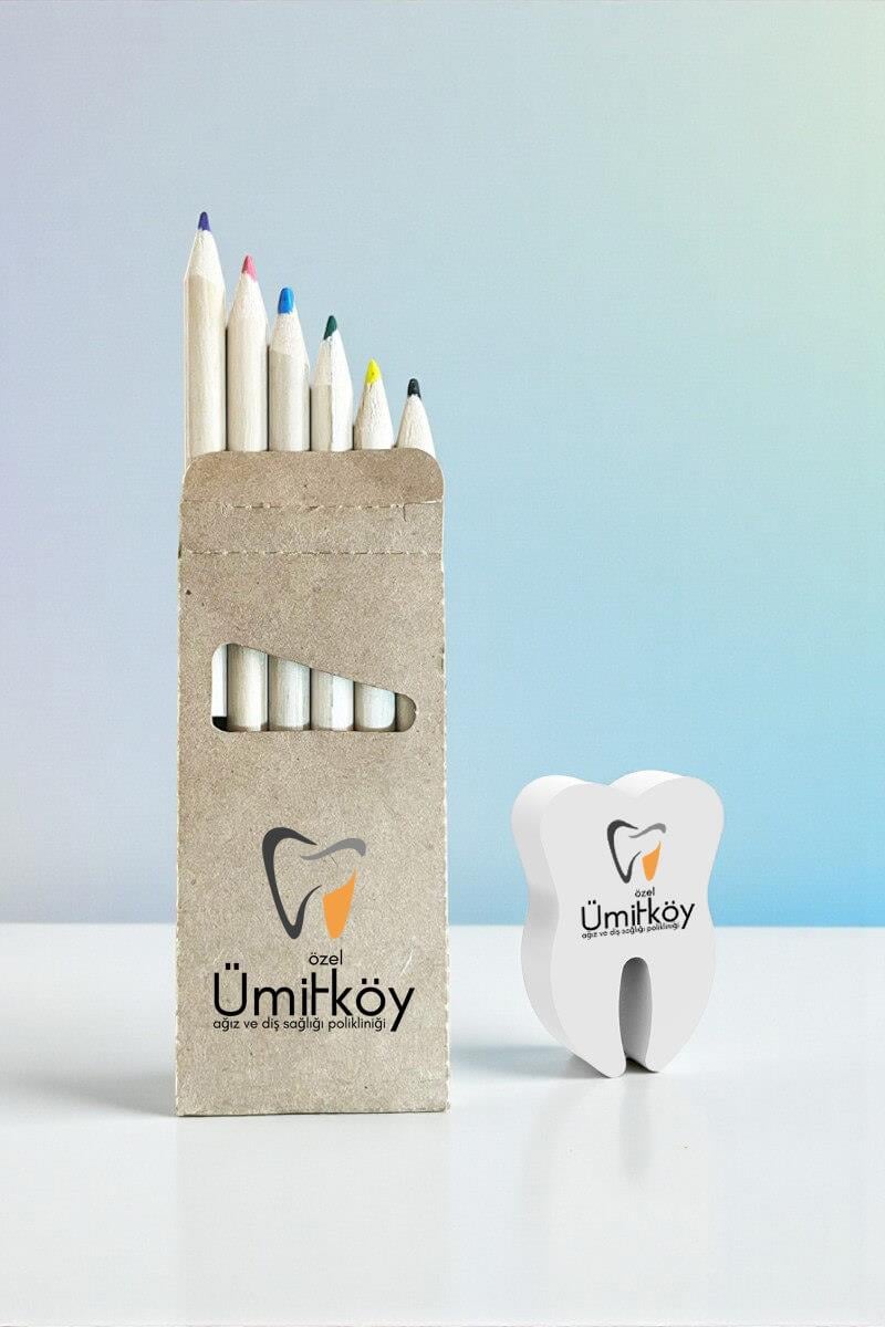 6lı Boya Kalemi ve Diş Şeklinde Silgi İkili Set