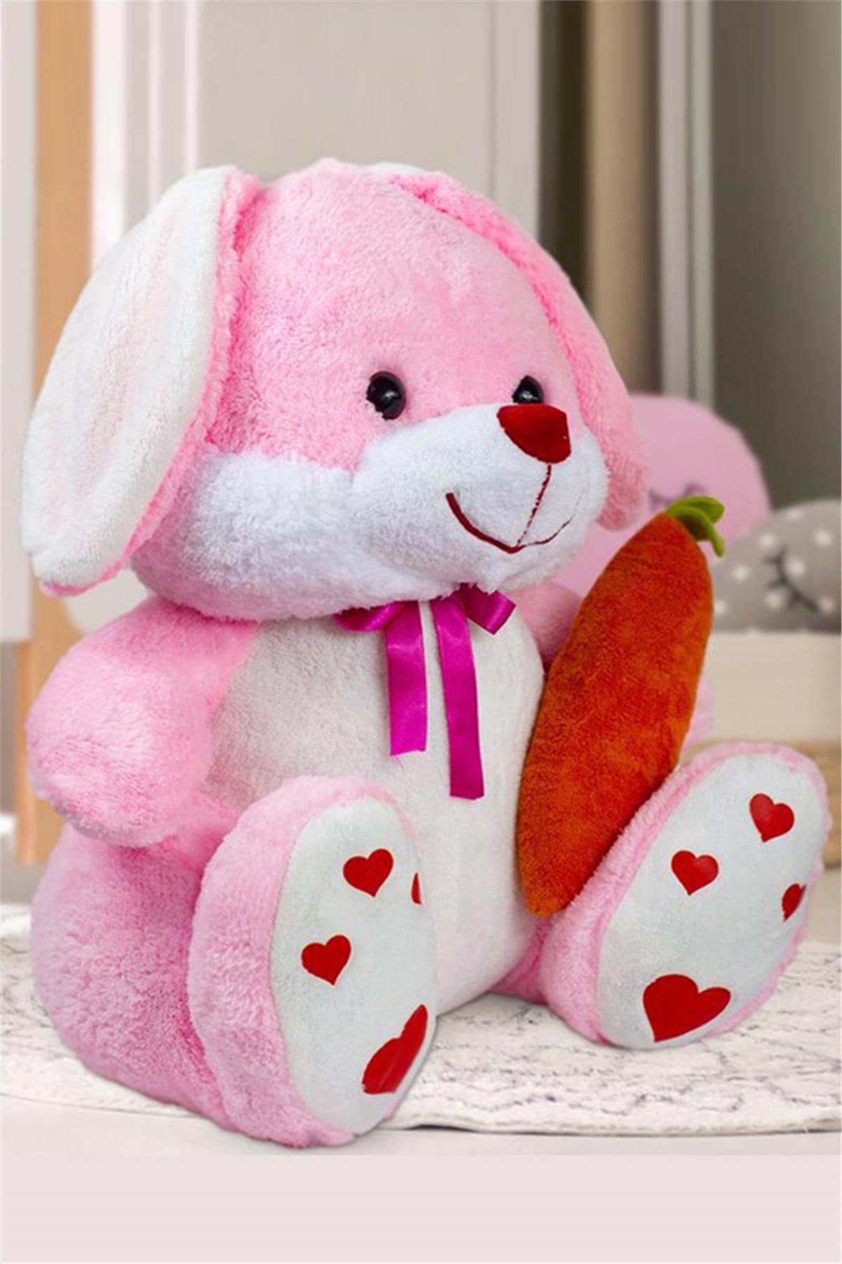 80 cm Havuçlu Pembe Peluş Tavşan