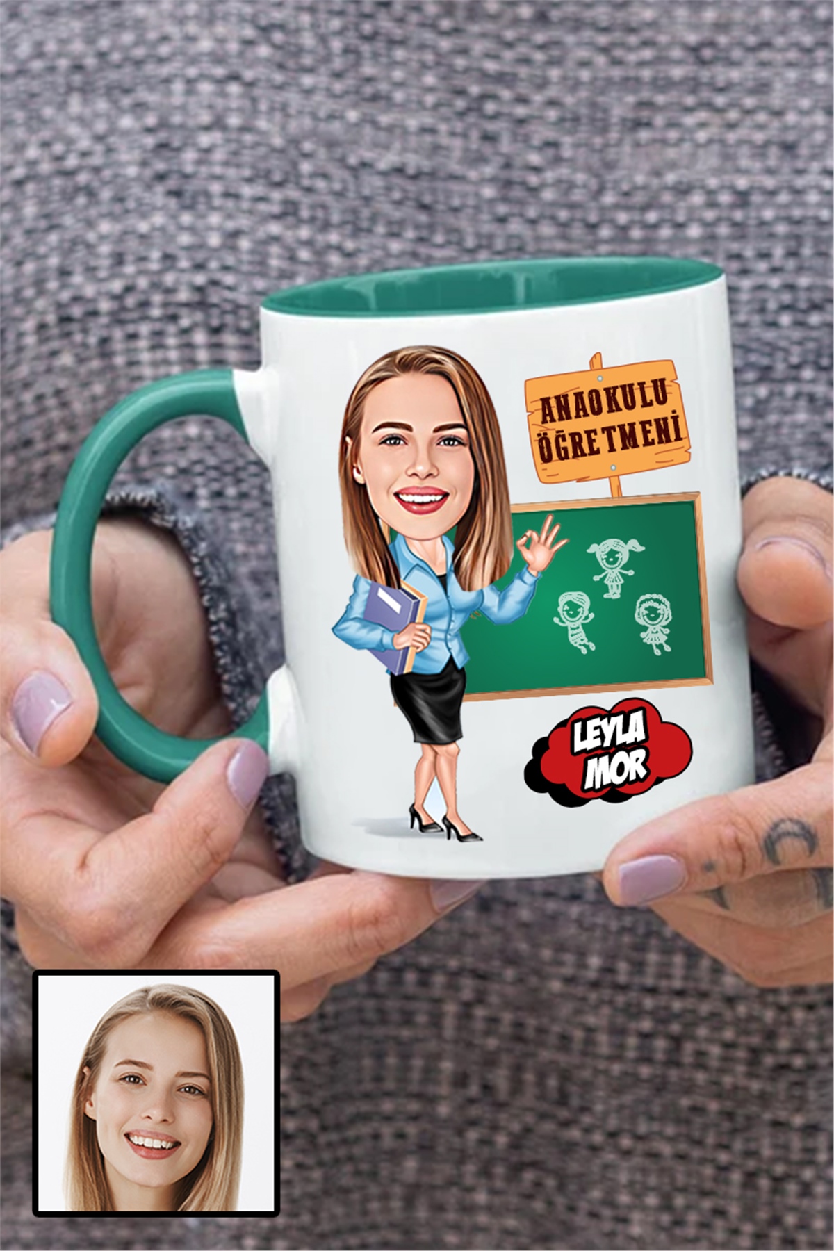 Anaokulu Öğretmenine Özel Hediye Karikatürlü İçi Renkli Kupa Bardak