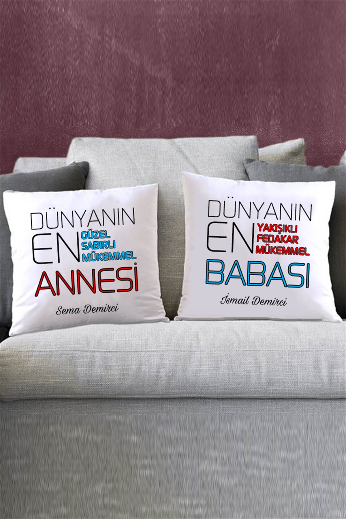 Anne Babaya Ortak Hediye İkili Saten Kare Yastık