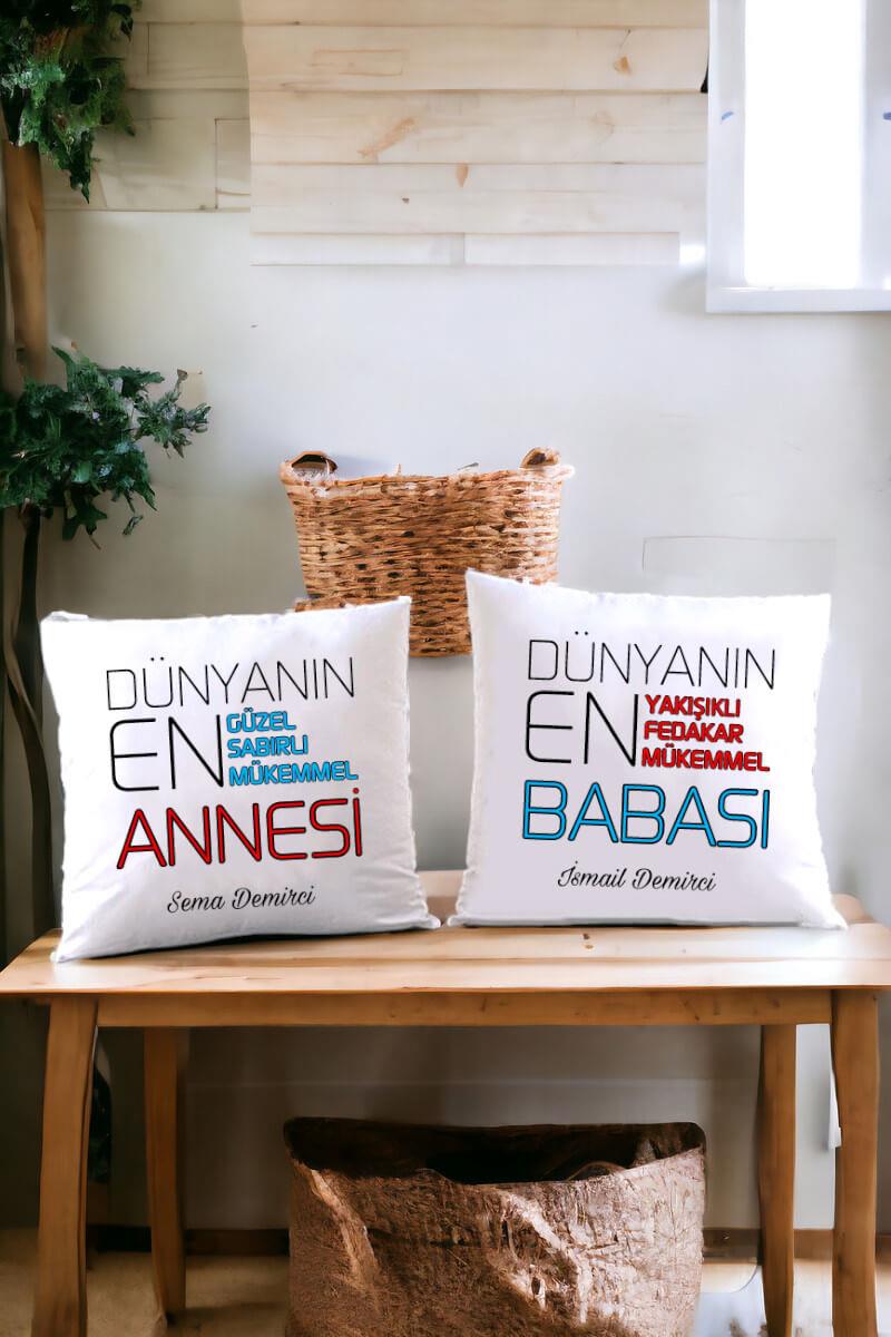Anne Babaya Ortak Hediye İkili Saten Kare Yastık
