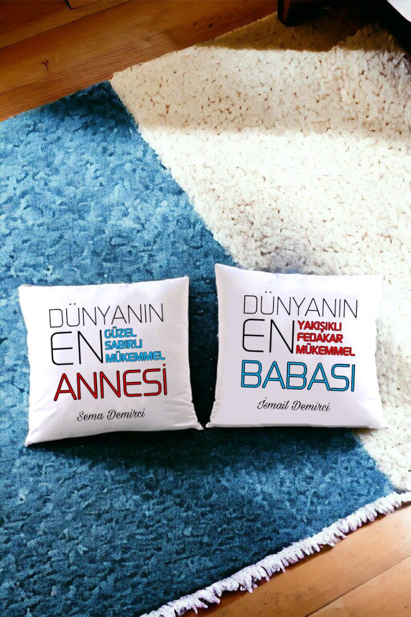Anne Babaya Ortak Hediye İkili Saten Kare Yastık