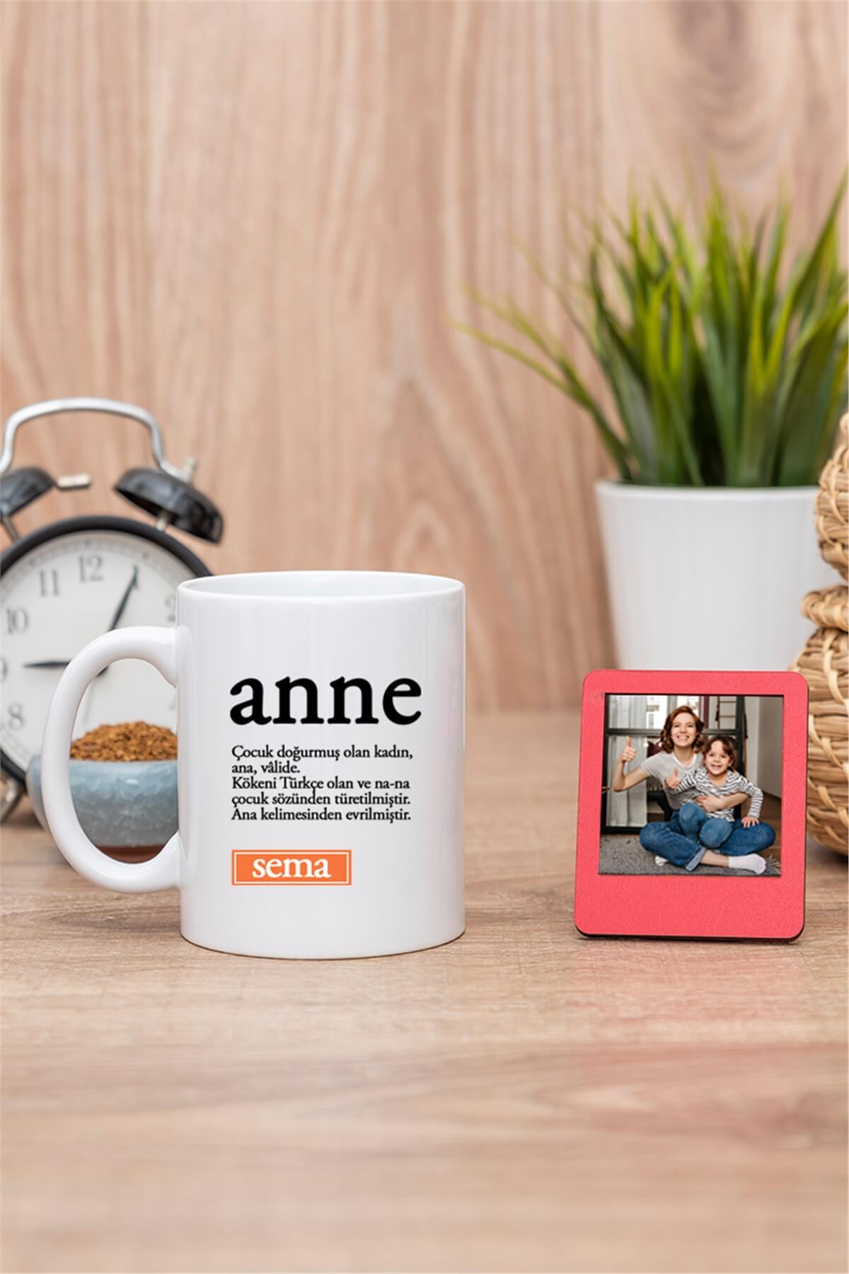 Anne Kelime Anlamı Beyaz Kupa Bardak ve Mini Çerçeve