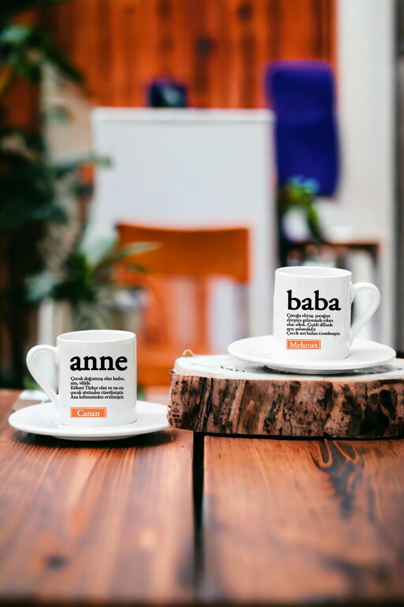 Anne ve Babaya Hediye Kelime Anlamı İkili Beyaz Türk Kahvesi Fincanı