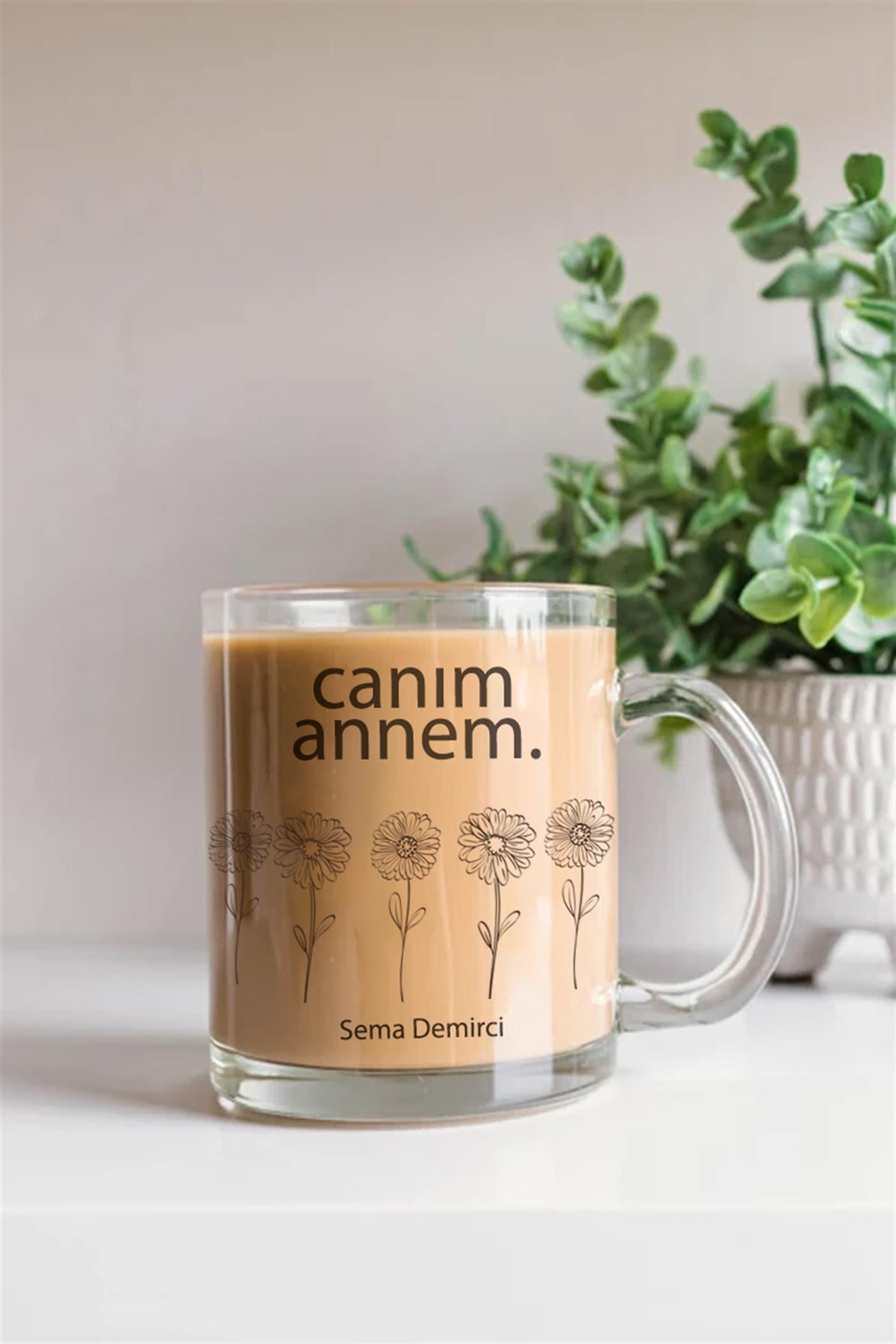 Anneler Günü Hediyesi Canım Annem Yazılı Cam Kupa Bardak