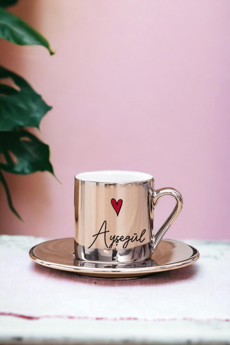 Anneler Günü Hediyesi İsim Yazılı Minik Kalpli Gold - Silver Türk Kahvesi Fincanı