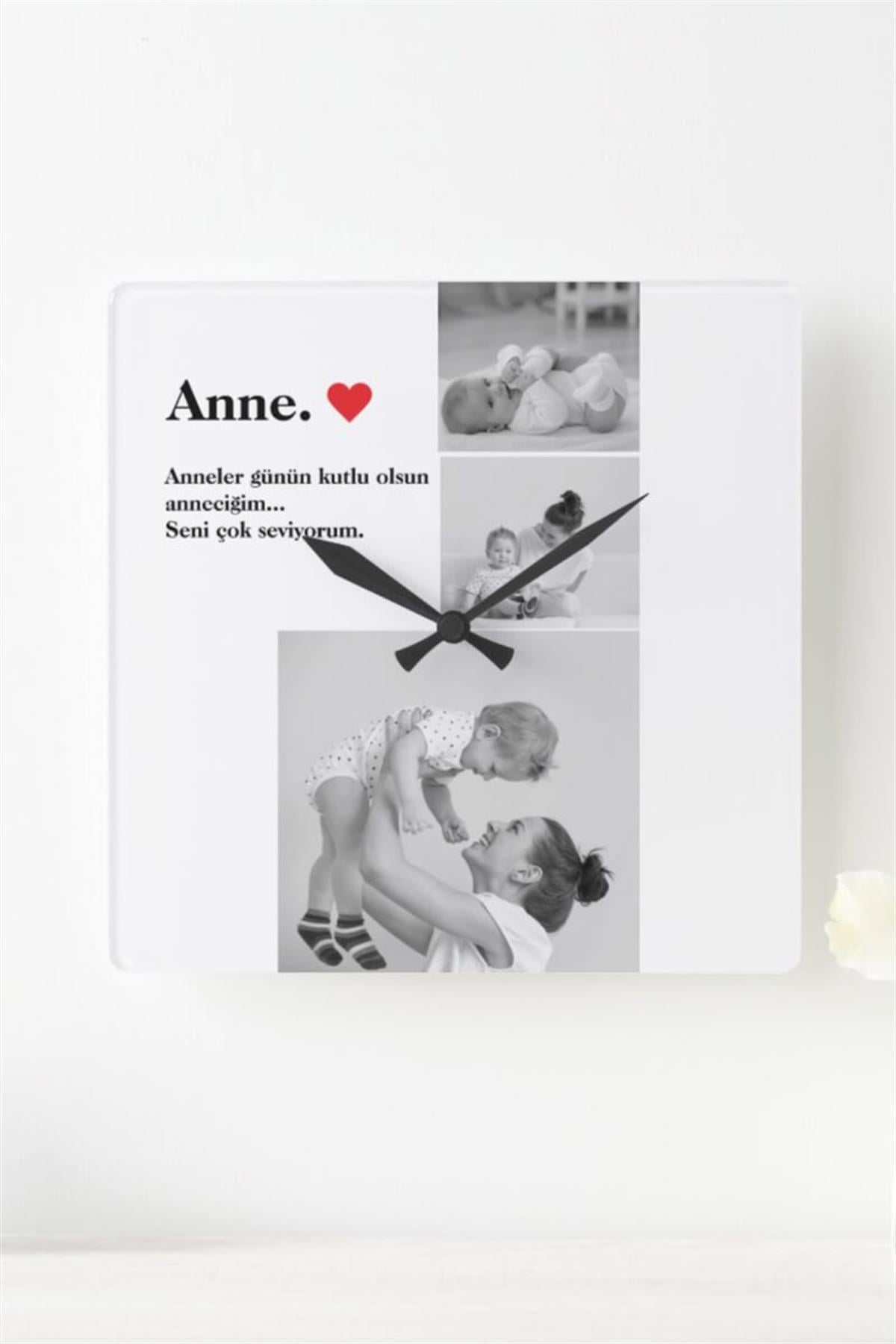 Anneler Günü Hediyesi Siyah Beyaz Fotoğraflı Kare Duvar Saati