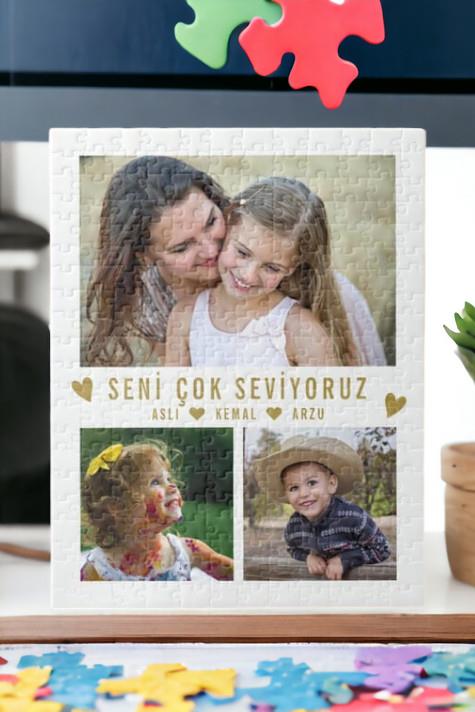 Anneye Hediye 3 Fotoğraflı Kolaj Tasarım Dikdörtgen Puzzle