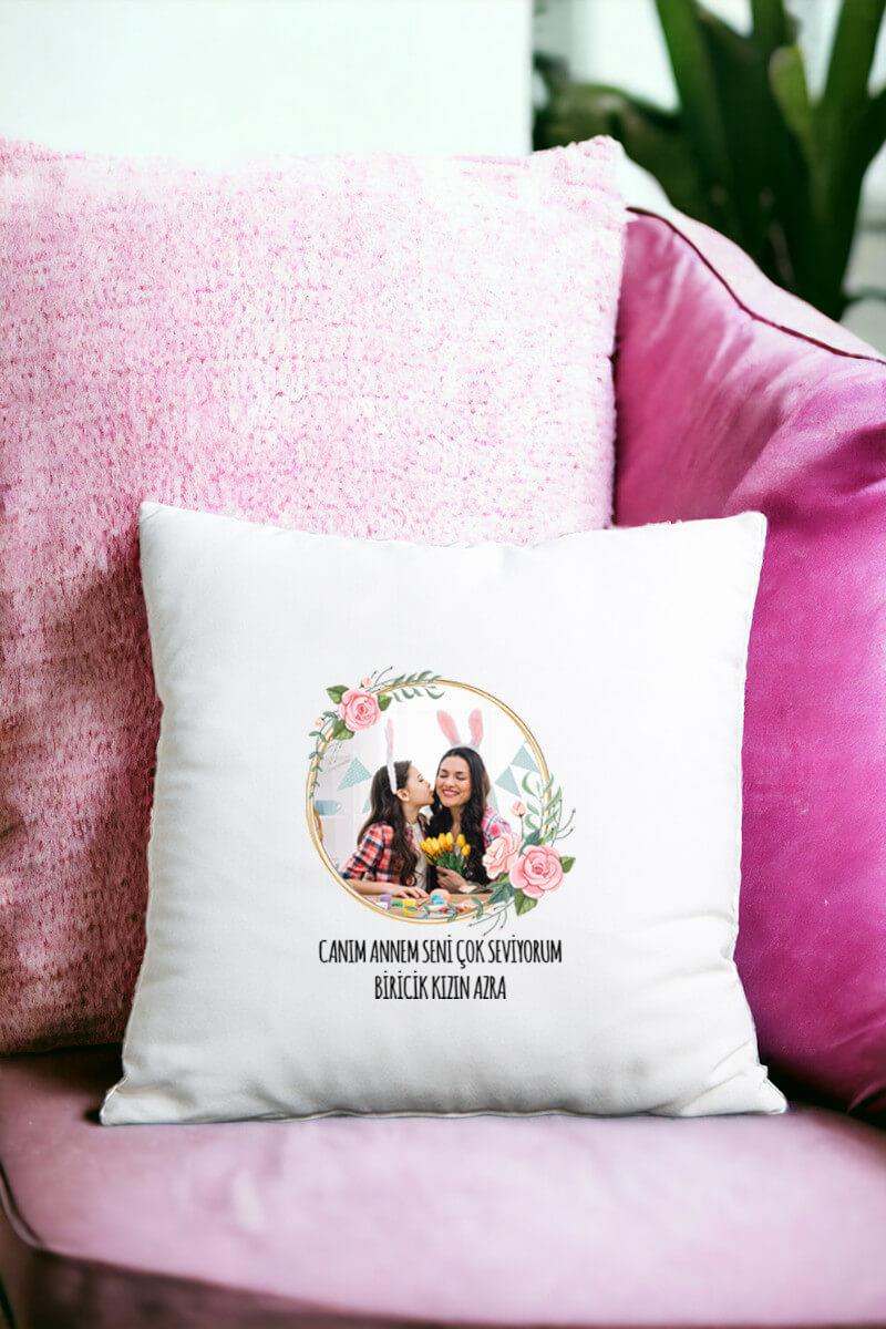 Anneye Hediye Fotoğraflı Saten Kare Yastık