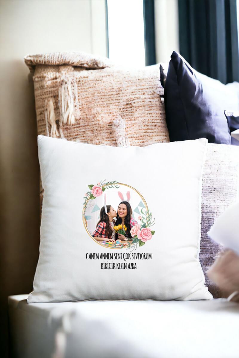 Anneye Hediye Fotoğraflı Saten Kare Yastık
