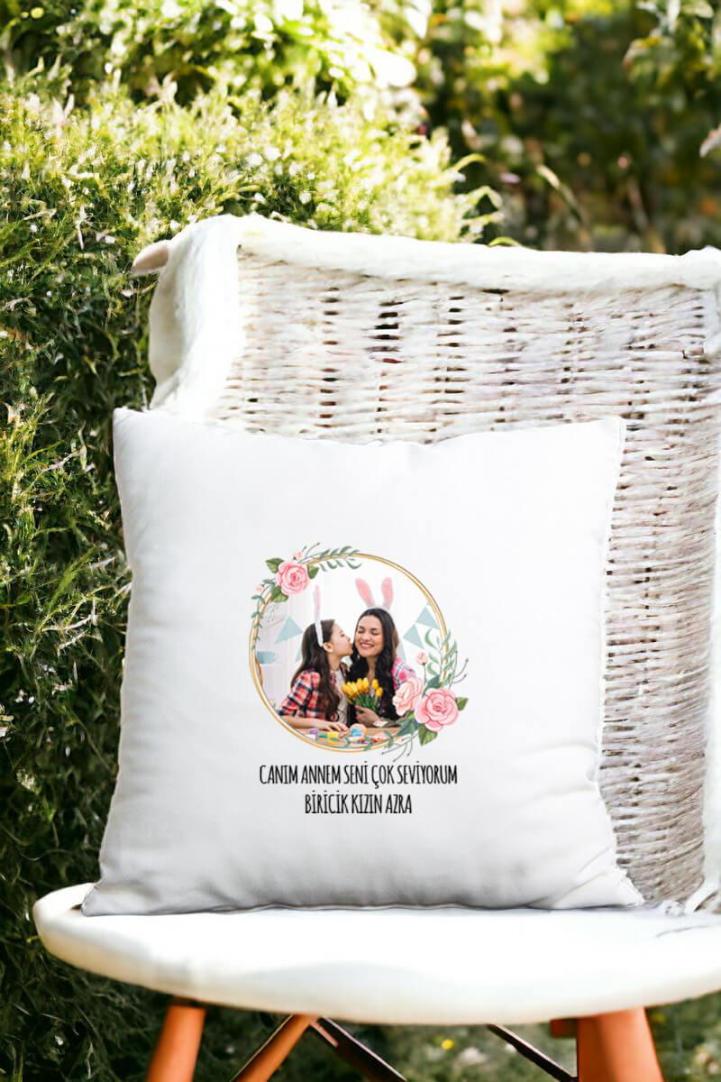 Anneye Hediye Fotoğraflı Saten Kare Yastık