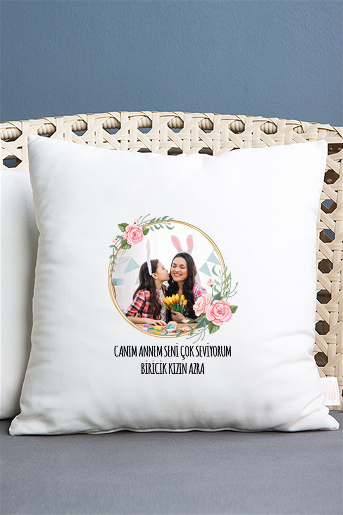Anneye Hediye Fotoğraflı Saten Kare Yastık