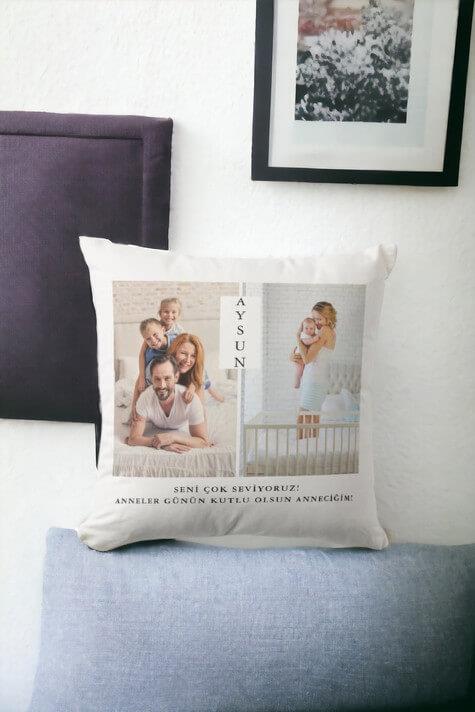 Anneye Kişiye Özel Hediye Fotoğraflı Saten Kare Yastık